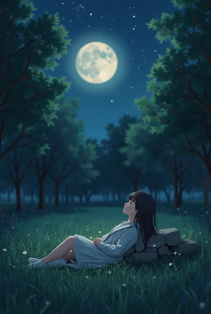 Please generate a rural picture,View on a full moon night,A woman waits alone,