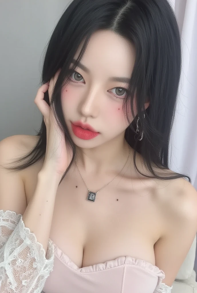 Goth Woman, (Goth Makeup), (White skin), (Belly Button Jewelry), (Earrings), (Earringsのついた唇), blue eyes, Short, messy black emo hair, (Bedroom Background), Thick thighs, Medium chest, (8K), (wallpaper), (Dynamic Lighting), ((multicolored hair colors:1.2)),(Detailed face and eyes:1.2)、(((Fully nude))),(((nsfw))),((Small breasts:1.2))