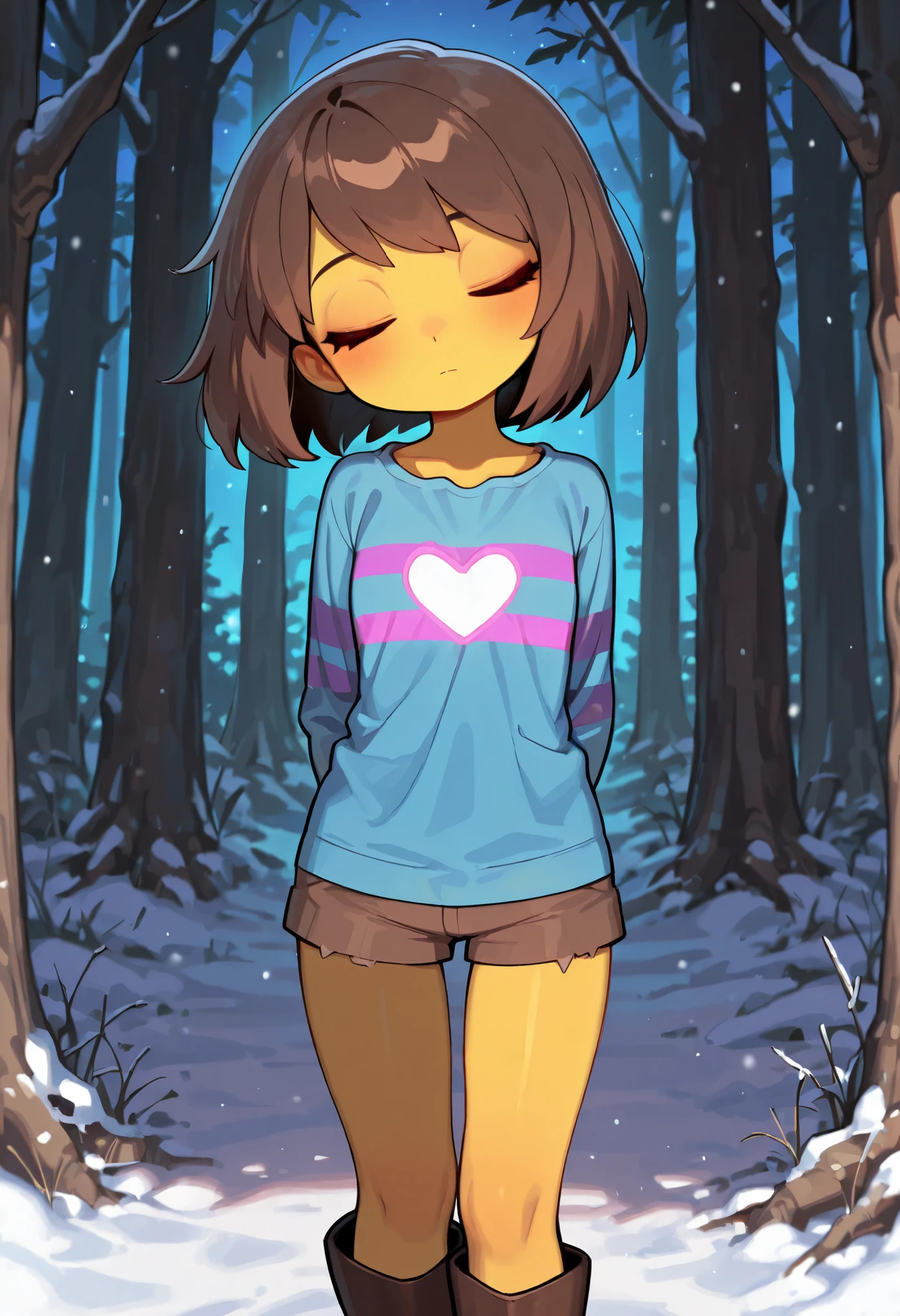 solo, score 9, score 8, score 7, Best quality::2.5, artwork::2.5, Masterpiece::2.5, Beautiful features, good anatomy, beautiful details, Atmospheric features, Close up, detailed eyes, Night, CartoonyIllustrious, , frisk undertale, Short brown hair, closed eyes, yellow skin, blue shirt with purple stripes, Brown shorts, brown boots. BREAK. Standing, forest with snow,
