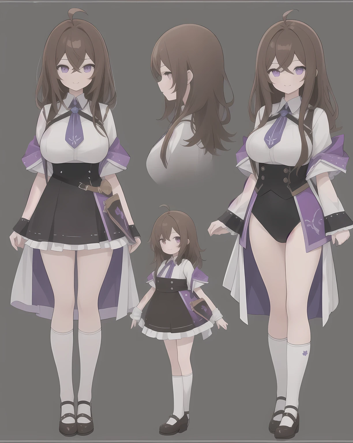 1girl, character turnaround of a young tall girl , full body, standing, (((same outfit:1.1))), concept-art, full body, detail_face, official art, design style, multi style, detail character, original, 8K GC, massive detail, female, multiple views of the same character, Highly detailed, vattange, vettenge, hoppagames, charturnerv2, (((dark brown long hair:1.2))), sideswept parted hairbangs, ahoge, purple eyes, (cbleotard, corruption, accent), stylistic, no background, only detail character,4_side, concept render, multiple views,masterpiece,best quality, PlanIt, charturner, (various face expressions), waruochi