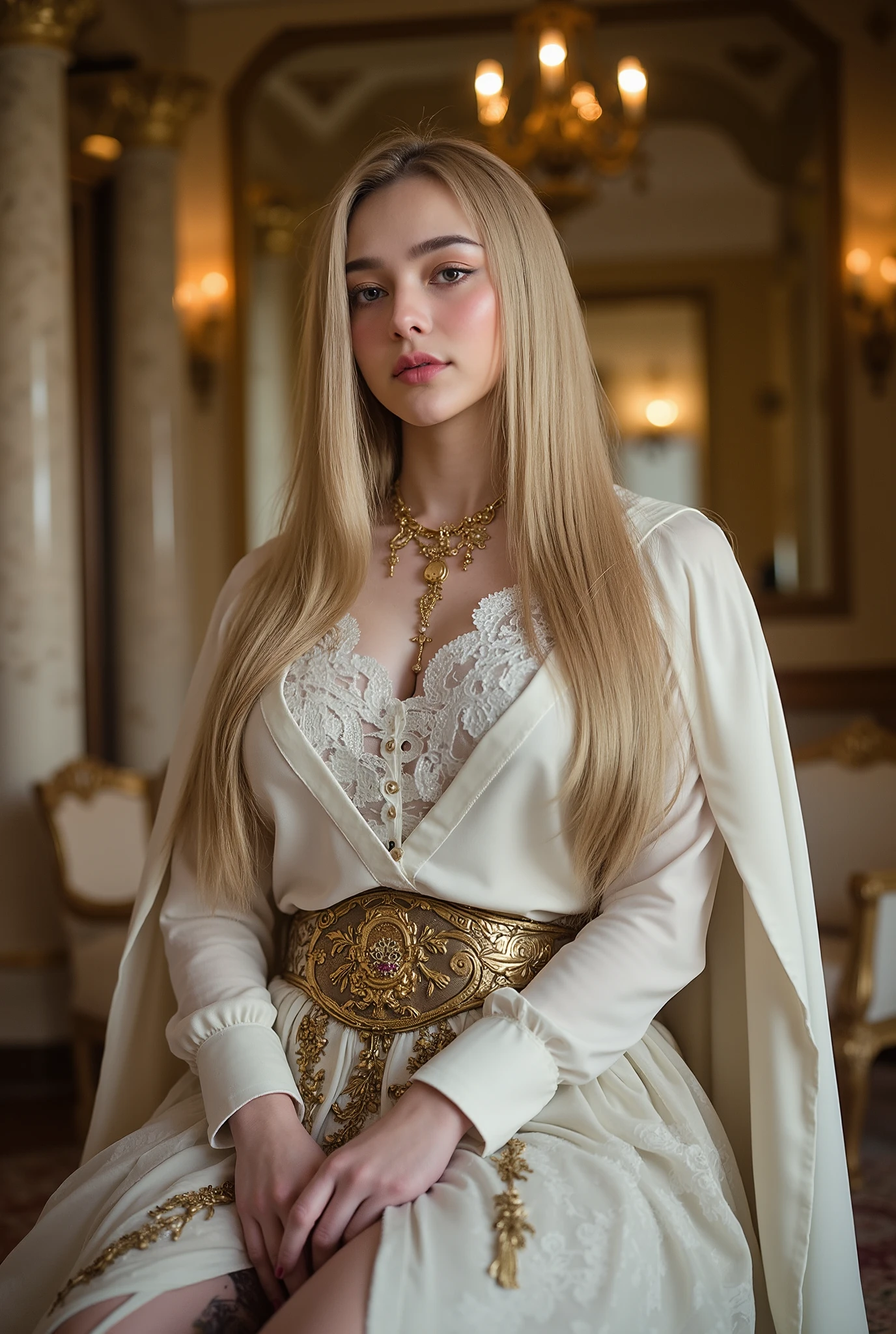  create breathtaking images of Octavia ,  celestial and powerful presence from 14 BC .c.  Consider adding a flowing cape or cloak .hair:   long, flowing hair  ,  very blond 、Shine,  Textures are adding to her subtle presence .Eye :  bright,  dark blue that makes you feel deep and powerful .skin: A perfectly smooth Shine ,  that literally enhances her perfect beauty .face:  her appearance must be perfect and symmetrical ,  highlight her celestial beauty .  Her look should embody both grace and strength .clothing: design:  Choose an elegant Roman outfit that reflects her status and power .  Place her in a grand Roman palace with intricate patterns and ornate gold accents 、 Consider a detailed tunic or dress combination 。. : Use it luxuriously ,  flowing fabrics that hint at her heavenly nature ,  such as silk and fine linen using metallic thread .  elements such as delicate gold embroidery and embellishments Incorporate .armor:  add weight reduction ,  decorative armor elements that blend seamlessly with her outfit .  Incorporate ornate details such as embossed patterns and celestial motifs that emphasize her power. Details: Accessories:  enhances her presence as royalty 、 as if it were glowing .  to highlight her sacred status 、 Add accessories such as tiaras and crowns with celestial motifs。.posture:  she should stand with dignity and elegance ,  her strength and celestial nature It reflects .background:  decorative armor elements that blend seamlessly with her outfit .  include elements like marble columns ,  intricate mosaic ,  luxurious furniture that enhances her noble appearance .  background has soft ,  Shine light that enhances her subtle presence .