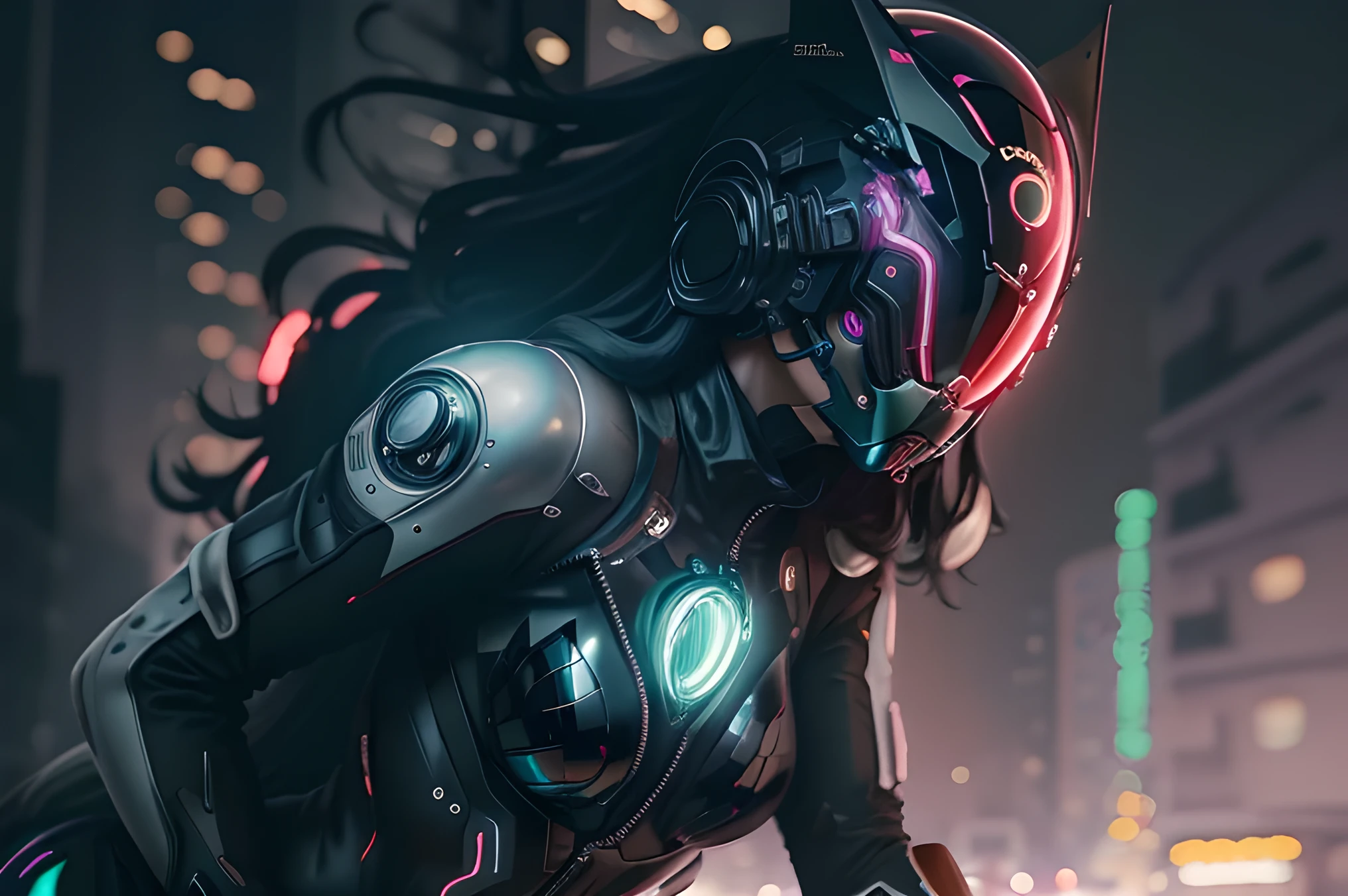 solo, Raw photo, realistic, masterpiece, best quality, high resolution, ultra detailed, offical arts, unity 8K wallpaper, offical wallpaper,  moody atmosphere, chiaroscuro, celty, 1girl,1female, helmet, bodysuit, black bodysuit, skin tight, biker clothes, animal ears, bikesuit, leather, large breasts, night, moonlight, gloves, (((unzipping))), innerboob, pose, a person in a cyberhelmet, white cyberhelmet, fantastic, close up, motion lines, hyper detailed, neon lights, neon colors, cyberpunk, reflections,