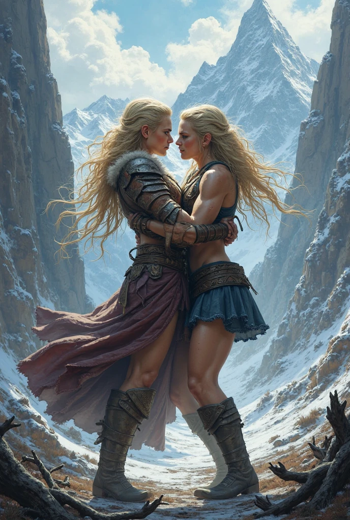 viking valkyrie queen, embracing her wife, looking lovingly at each other, well built, cleavage, plate armor with fur elements, dark forest in the background