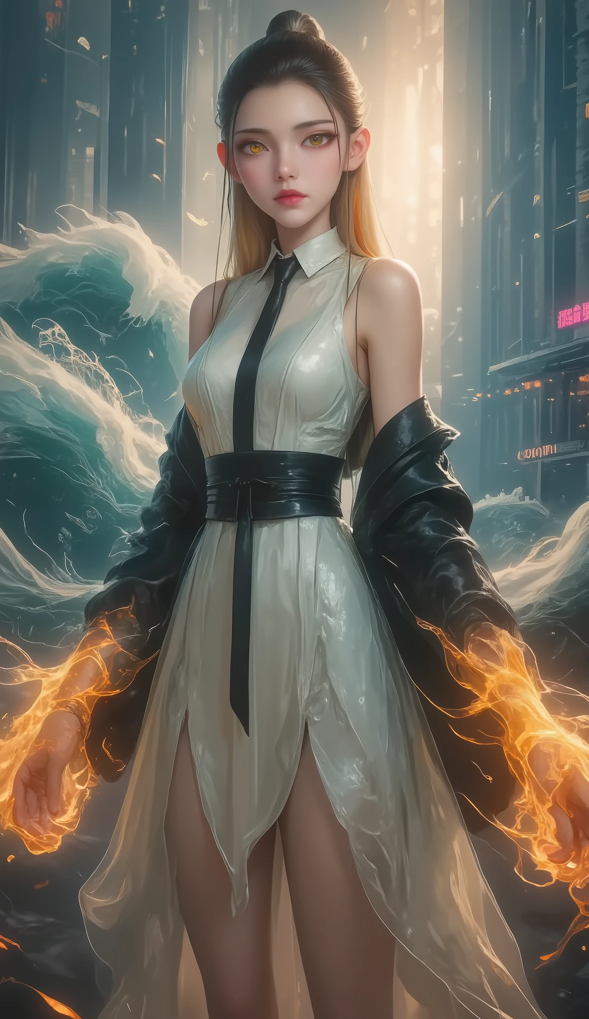 Crane girl， masterpiece, best quality,  amazing quality , is very beautiful,  high resolution ,  latest,  Super Fine ,  realism, 1 Girl,  \(roaring waves\), pink hair, Two-tone hair, Flame arm  , Red arm , white dress,  Black Jacket , Detailed Eyes,  round yellow eyes  ,  colorful limbs  ,  big , Rift, Bare shoulders , black tie, watching the audience,  with ambition ,  squat ,  legs together, place your hand on your face, Fan Art, cyberpunk neon suit, Depth of Field,   movie flame  , amazing burning background