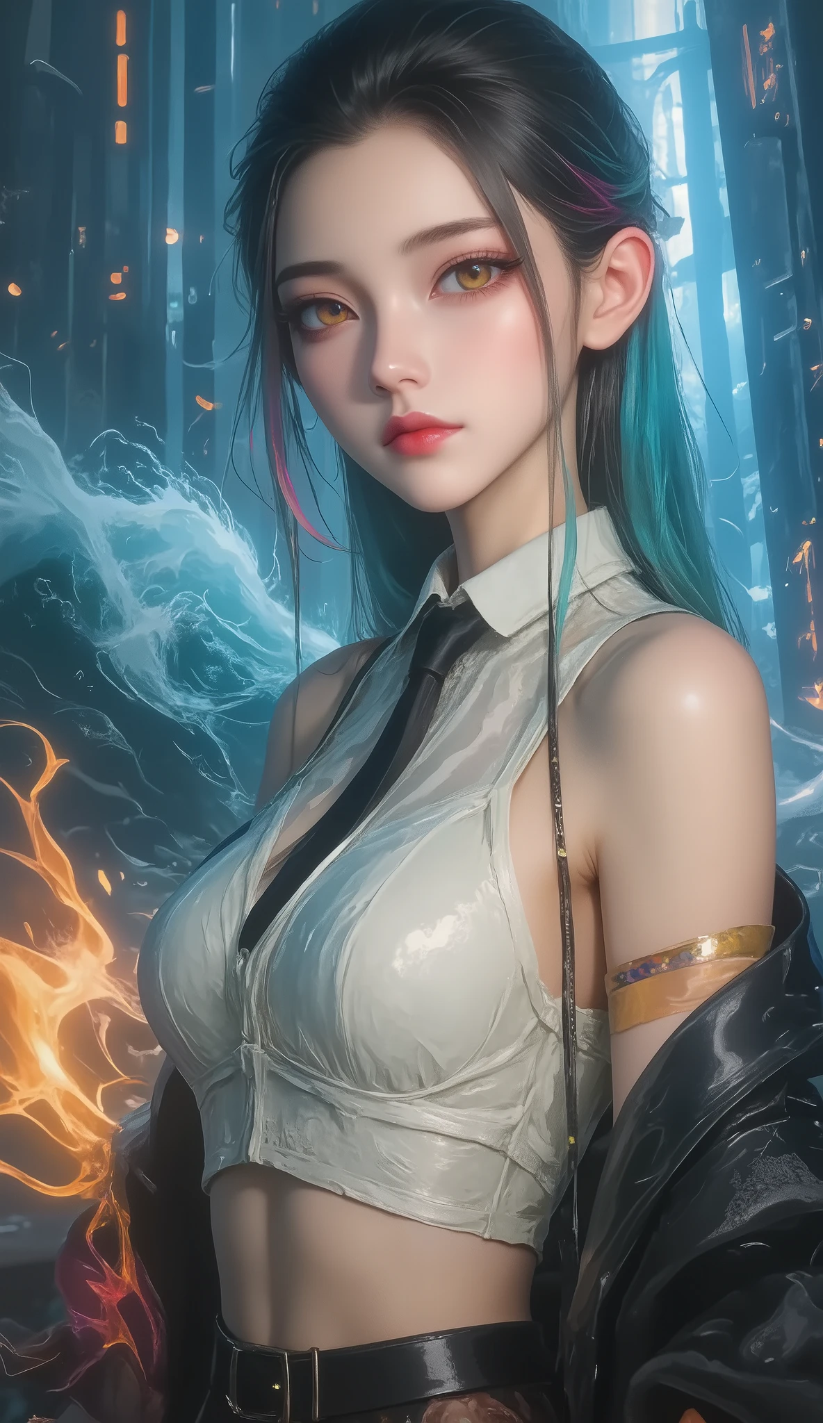 Crane girl, masterpiece, best quality, amazing quality , is very beautiful, high resolution , latest, Super Fine , realism, 1 Girl, \(roaring waves\), pink hair, Two-tone hair, Flame arm , Red arm , white dress, Black Jacket , Detailed Eyes, round yellow eyes , colorful limbs , big , Rift, Bare shoulders , black tie, watching the audience, with ambition , squat , legs together, place your hand on your face, Fan Art, cyberpunk neon suit, Depth of Field, movie flame , amazing burning background