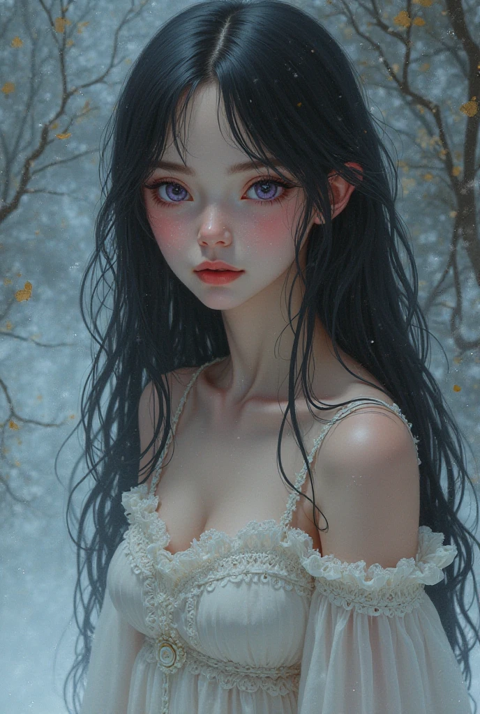 Top Quality, Realistic, Jet Black Background, High Resolution, Soft Focus, (Snowfall: 1.5), (Haze: 1.5), (In the Deep Forest), (Falling Snow), ((Snow Light)), (Blowing Snow)), (Snow Storm))))), (Ghost of a beautiful snow woman with jet-black long hair in a white silver yukata: 1.8), (((Lower body fades out: 1.5)))), Anger, Fury, Melancholy, (Shaking black hair), Lustrous, Radiant Skin, Beautiful and Beautiful, ((Lose herself in anger and forget the cold)), ((Arms spread forward)), (Monochrome: 1.5), (Black and White: 1.5), (Platinum eyes glaring at her), Whiteout, White and white and white, Lower body fades out, Lower half fades out