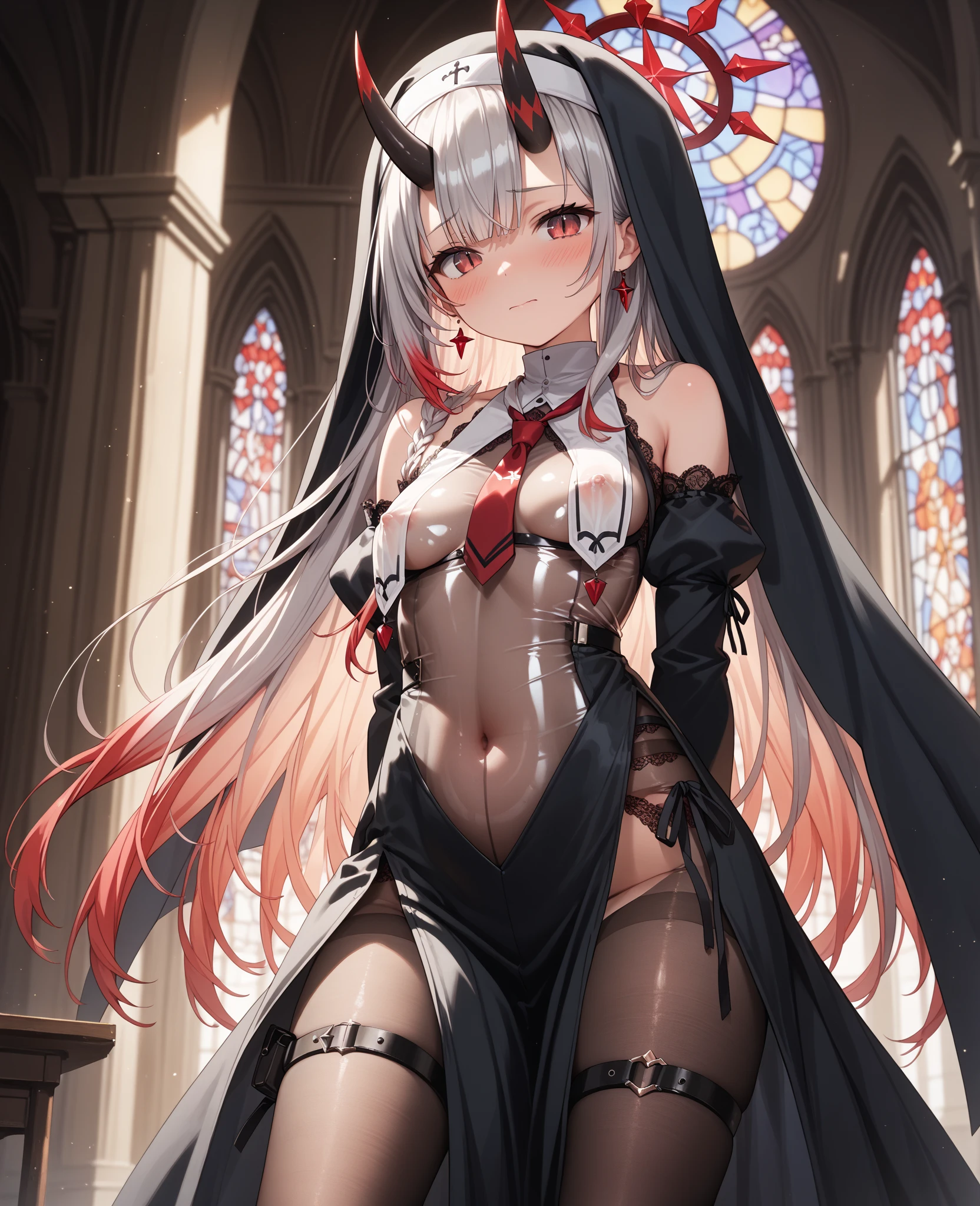 A girl with big dragon horns on her head，Long white hair，red color eyes，Erotic white lace lingerie，crosses，Fighting posture，divino，highest  quality，exposing her chest，Miniskirt，Gorgeous church background with extreme detail，Bend over and pout your ass to reveal white thong lace panties