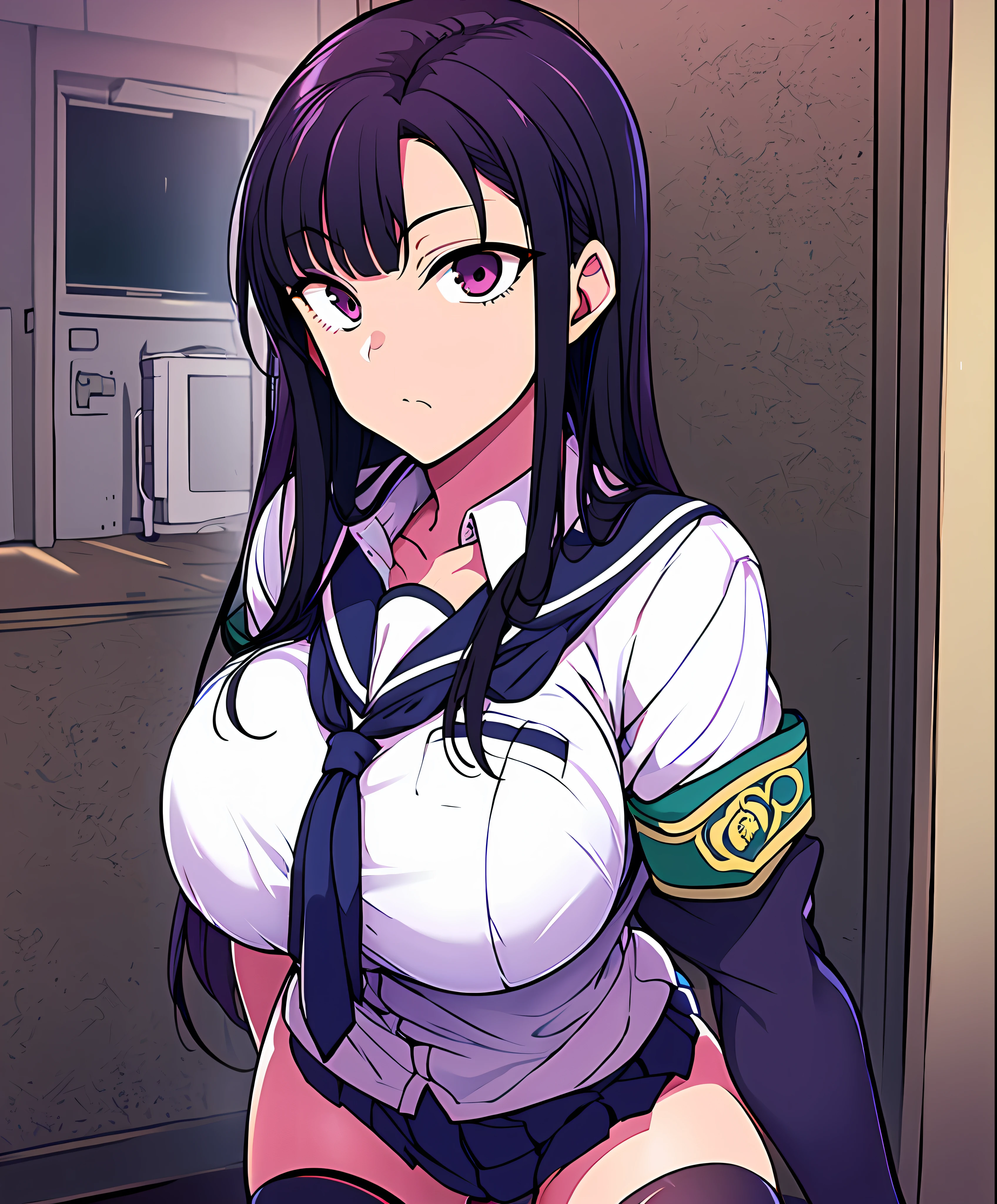 A masterpiece, the best quality , high_ resolution , Fine details, highly detailed and beautiful, distinct_{{image, 1 girl, Black has , ( gigantic breast), (Intermediate ),(school uniform),(up to the thigh)
