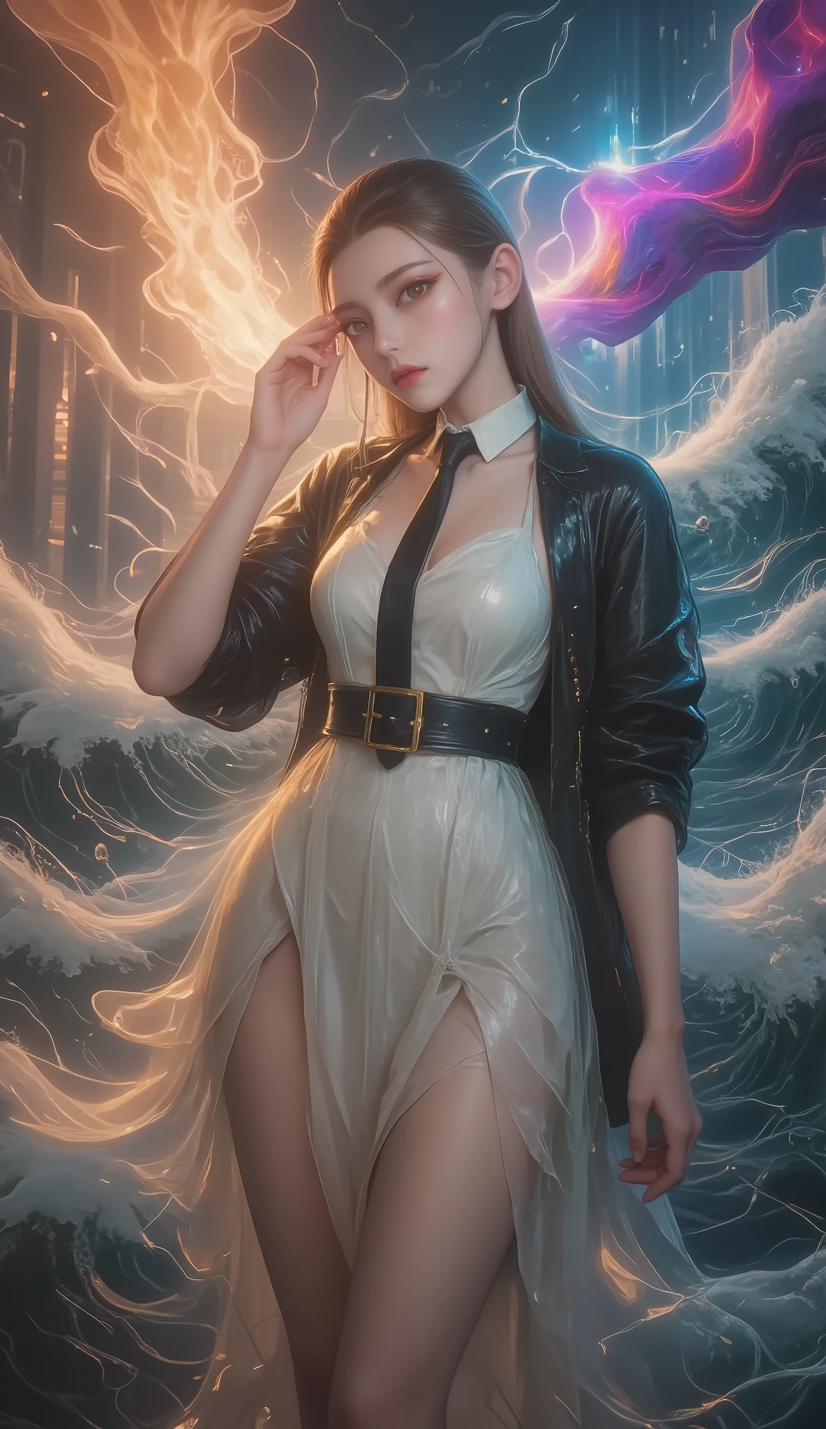 Crane girl, masterpiece, best quality, amazing quality , is very beautiful, high resolution , latest, Super Fine , realism, 1 Girl, \(roaring waves\), Flame arm , Red arm , white dress, Black Jacket , Detailed Eyes, round yellow eyes , colorful limbs , big , Rift, Bare shoulders , black tie, watching the audience, with ambition , squat , legs together, place your hand on your face, Fan Art, cyberpunk neon suit, Depth of Field, movie flame , amazing burning background