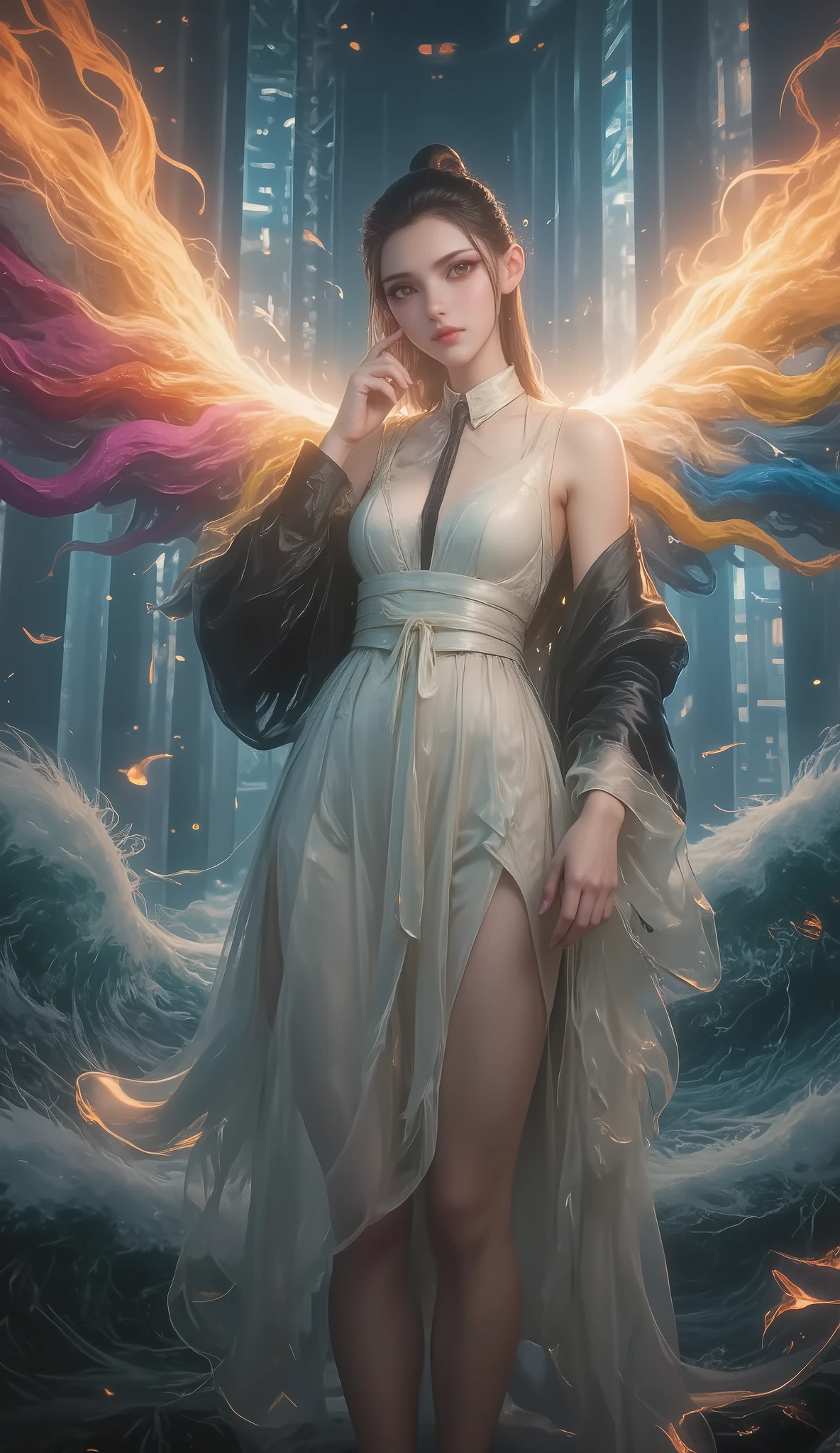 Crane girl， masterpiece, best quality,  amazing quality , is very beautiful,  high resolution ,  latest,  Super Fine ,  realism, 1 Girl,  \(roaring waves\),  Flame arm  , Red arm , white dress,  Black Jacket , Detailed Eyes,  round yellow eyes  ,  colorful limbs  ,  big , Rift, Bare shoulders , black tie, watching the audience,  with ambition ,  squat ,  legs together, place your hand on your face, Fan Art, cyberpunk neon suit, Depth of Field,   movie flame  , amazing burning background