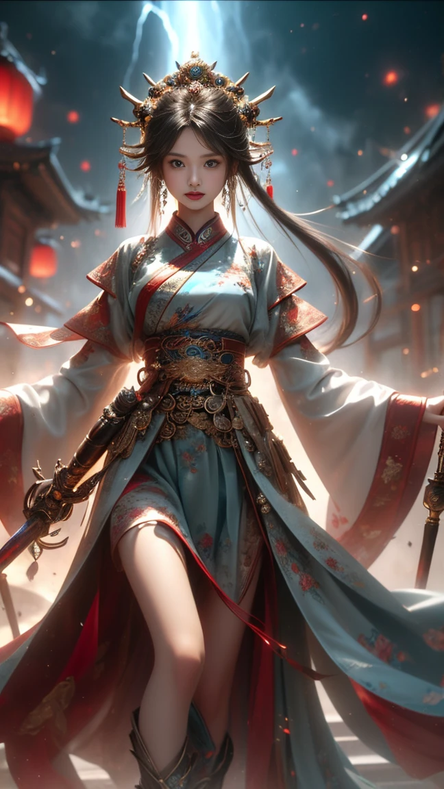 Best quality,masterpiece,ultra high res,(photorealistic:1.4),xiuxian,weapon,Detailed face, 1girl,solo,weapon,cleavage,(magic circle:1.2),xiuxian,upper body,Beautiful girl,full body,huge breasts,east asian architecture,sheath,architecture,