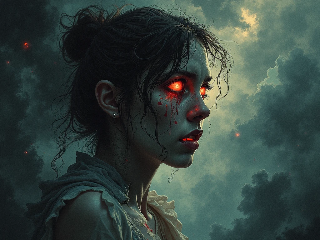 Mythical creatures, author:Zdzislaw Beksiński and Vincent van Gogh, Red moon and big eyeucha
