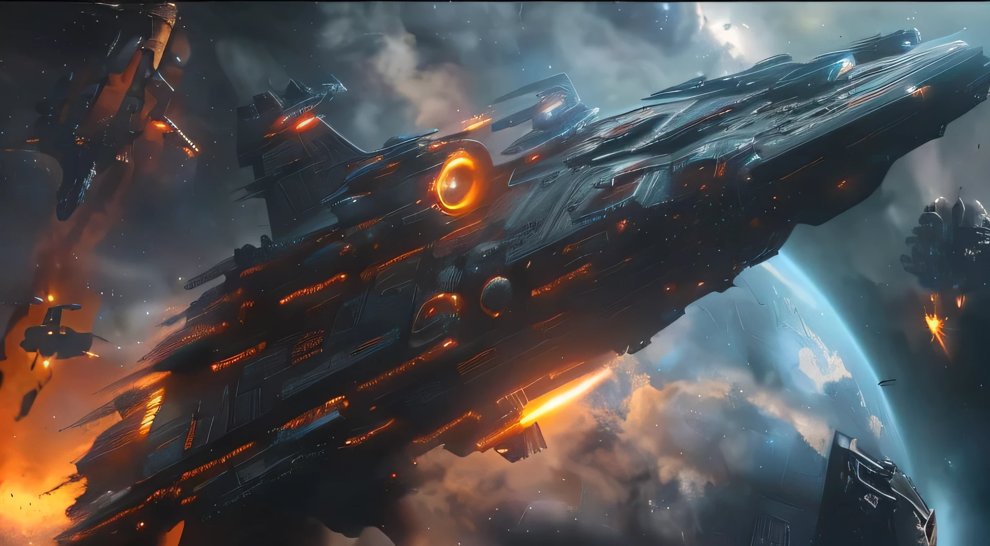 a large ship is flying through the air with a lot of space in the background, an epic space ship scene, sci - fi spaceship in combat, an epic space battle, stardestroyer in the background, the spaceship is on fire, depicted as a scifi scene, star wars space battle, beautiful sci fi art, sci fi epic digital art, wide shot of a spaceship battle