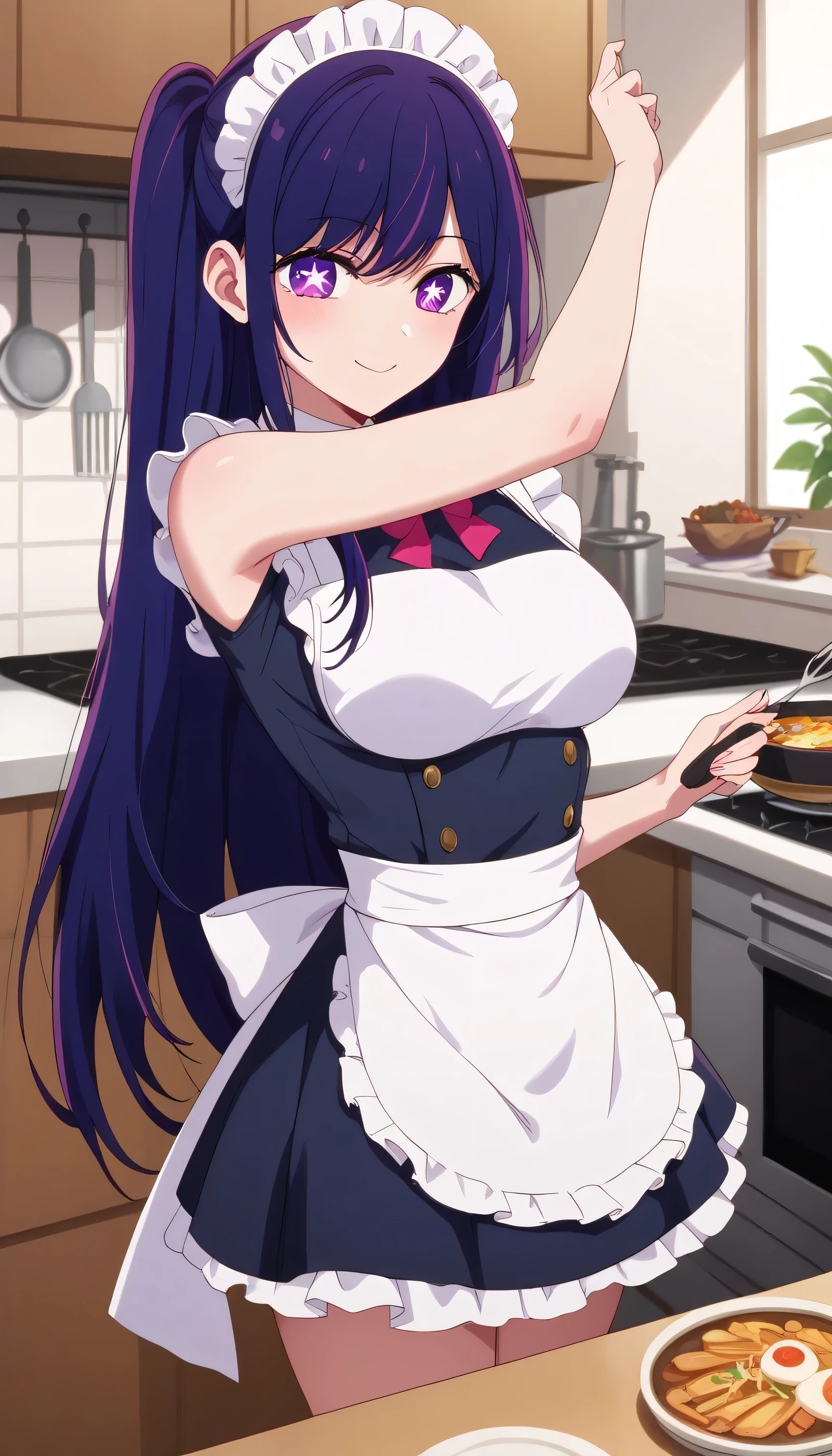 a anine image of ai hoshino in a maid outfit posing in a kitchen, in the kitchen, breasts covered and nsfw, cooking it up, cooking, gorgeous maid, extremely detailed artgerm, long hair, bangs, purple eyes, purple hair, symbol-shaped pupils, (nsfw) not safe for work, a sexy maid in a magical forest, in a kitchen, noire, nsfw version, flirty anime witch casting magic