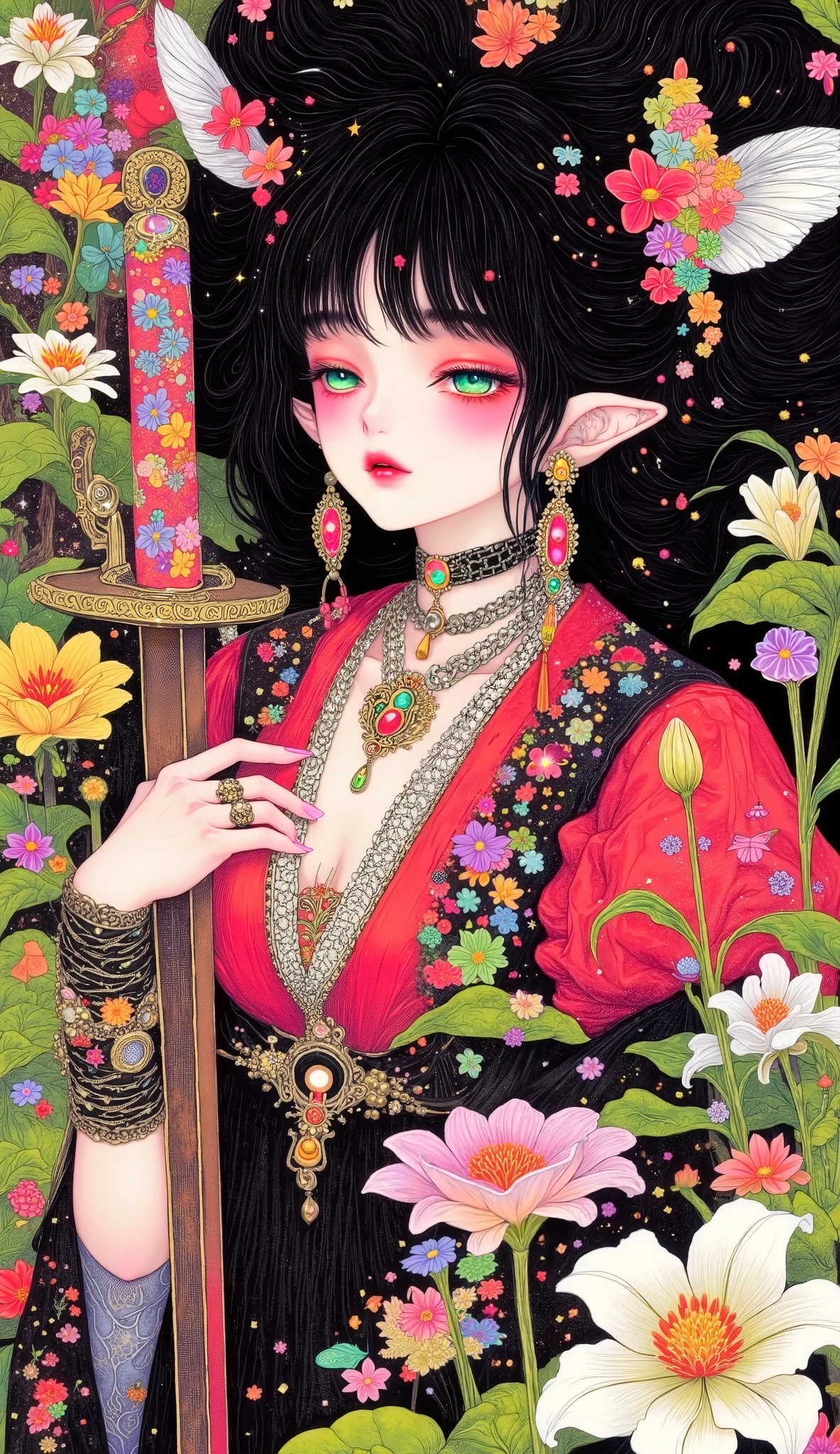 a woman with tattoos who holds a sword and wears a red blouse, she has her head tilted down looking at the spectator, red and fleshy lips , Long False Eyelashes , makeup has butterfly earrings in cyan color, silver necklaces with sparkles, has shiny silver bracelets, bangs at the root of her eyebrows hair tied up, very beautiful Cyberpunk samurai, 🌺 sociedadcg, geisha ciberpunk, anime-style computer mixed with Fujifilm , anime character ; full body art , portrait of a Cyberpunk samurai, skinny yakuza girl, Ross Tran 8K, Cyberpunk samurai, artwork in the style of Guweiz , katana