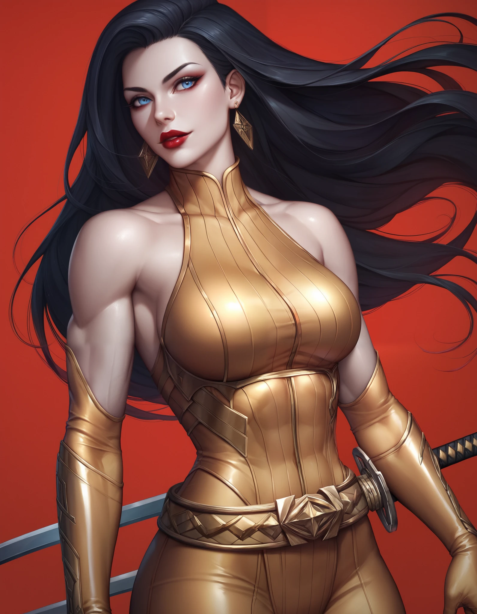 melhor qualidade, Girl long hair long dress long breasts cape red medium belt black bright red eyes, cabelo preto, colar, pose fofa, black collar high black pants, angry expression, pose de lado, batom vermelho na boca, dentro de um navio, em alto mar, mar atras, Olhos vermelhos, cabelo curto pretos, olhos vermelhos brilhantes, pirata, navio de pirata, Pose para cartaz, com uma katana, segurando um livro, arqueologa colar, bracelete, usando oculos de arqueologa, boa hancok Cobra amarela pose sexy bonita e elegante
