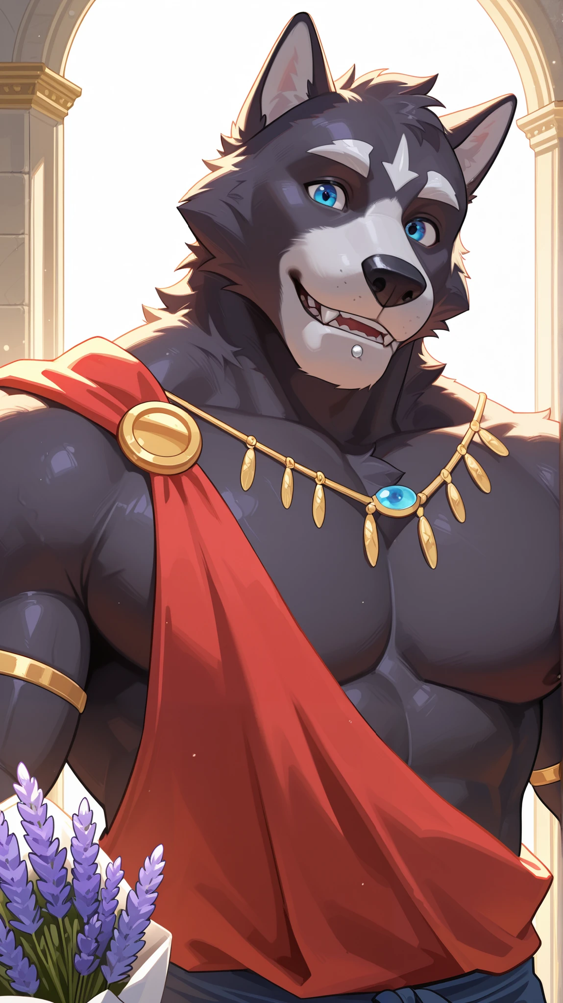 masterpiece, best quality, amazing quality, 1boy, solo, Amicus, bara, wearing greek armor, dog sheath, lip piercing, close up, holding lavender flowers, bulge