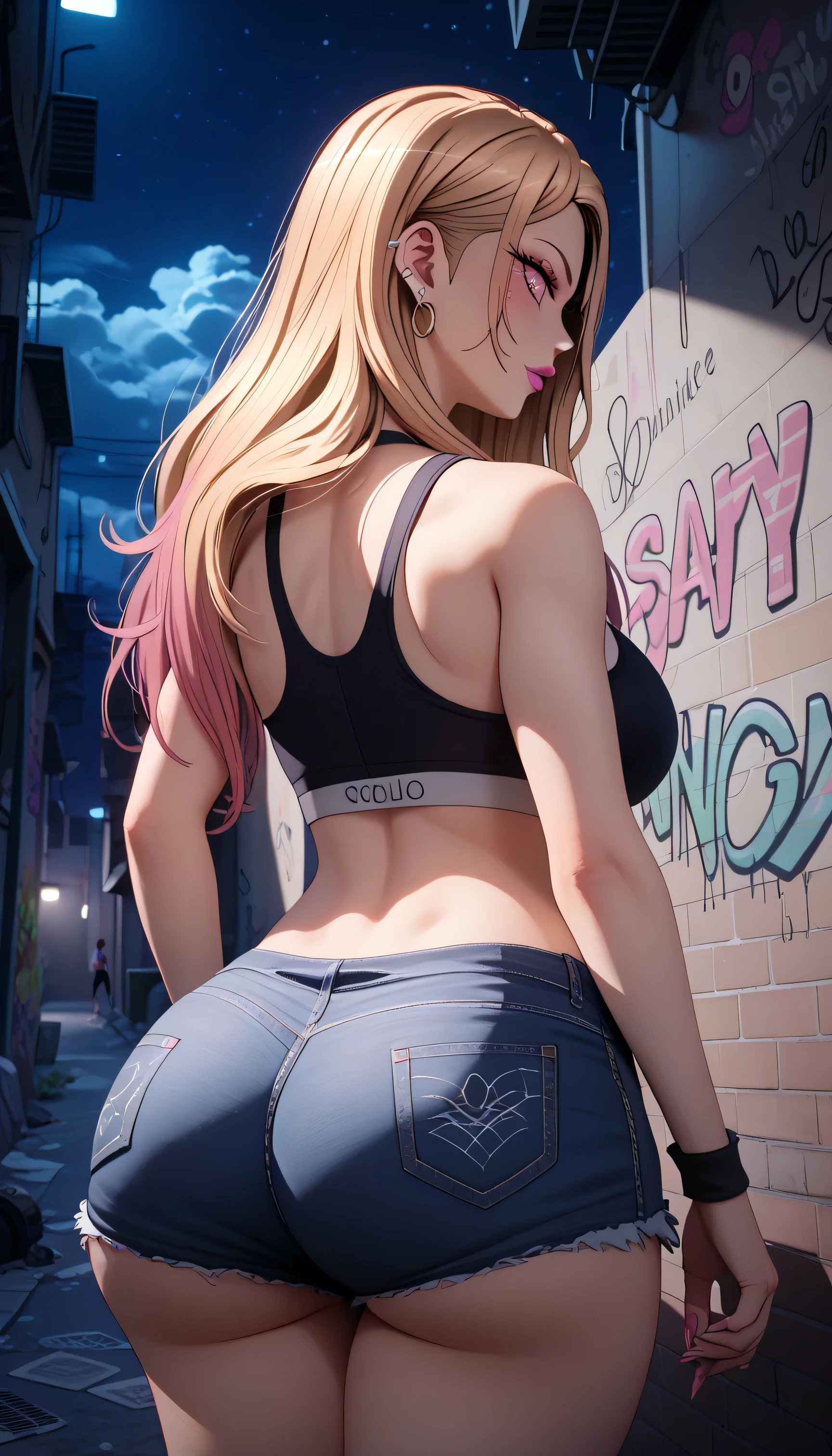 masterpiece, best quality, 25 years old beautiful woman, long hair, (mature face:1.4), 1woman, solo, crop top, denim shorts, choker, (from behind:1.4), plumb ass, thick thighs, thin waist, (graffiti:1.5), paint splatter, arms behind back, against wall, looking at viewer, armband, thigh strap, paint on body, head tilt, bored, multicolored hair (pink, blue), aqua eyes, headset, ( (cameltoe ))