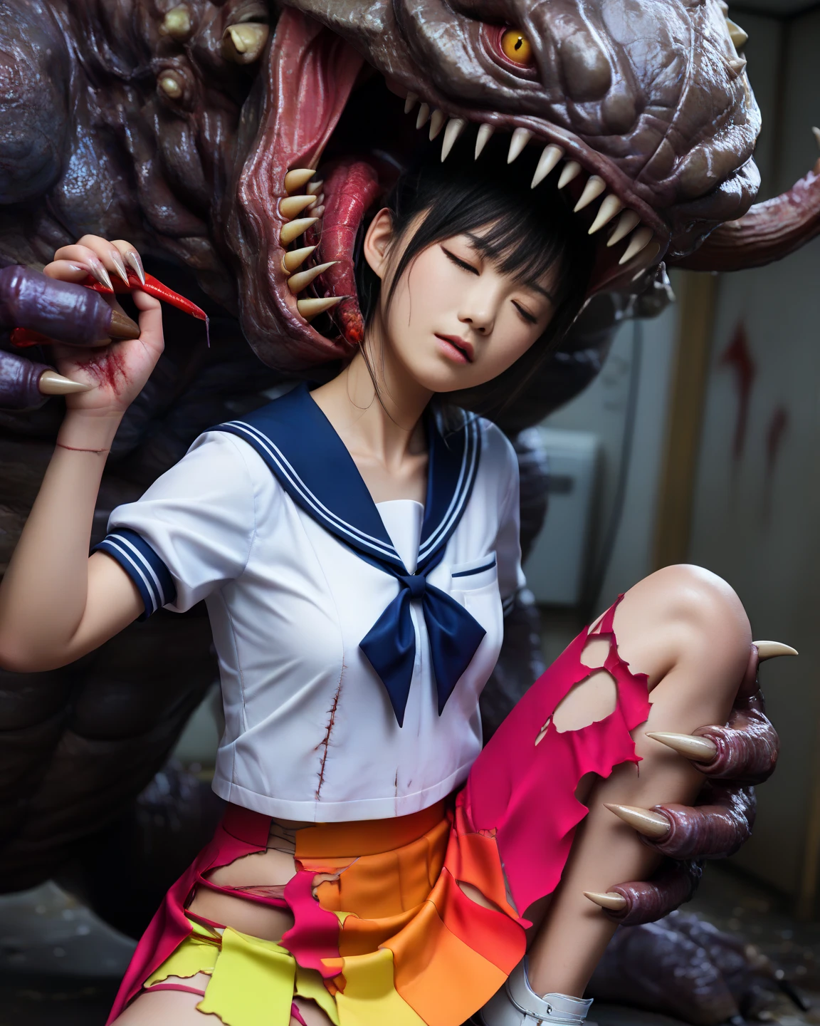 Asian school girl is being raped by ((too many wet tentacles)) covered with saliva