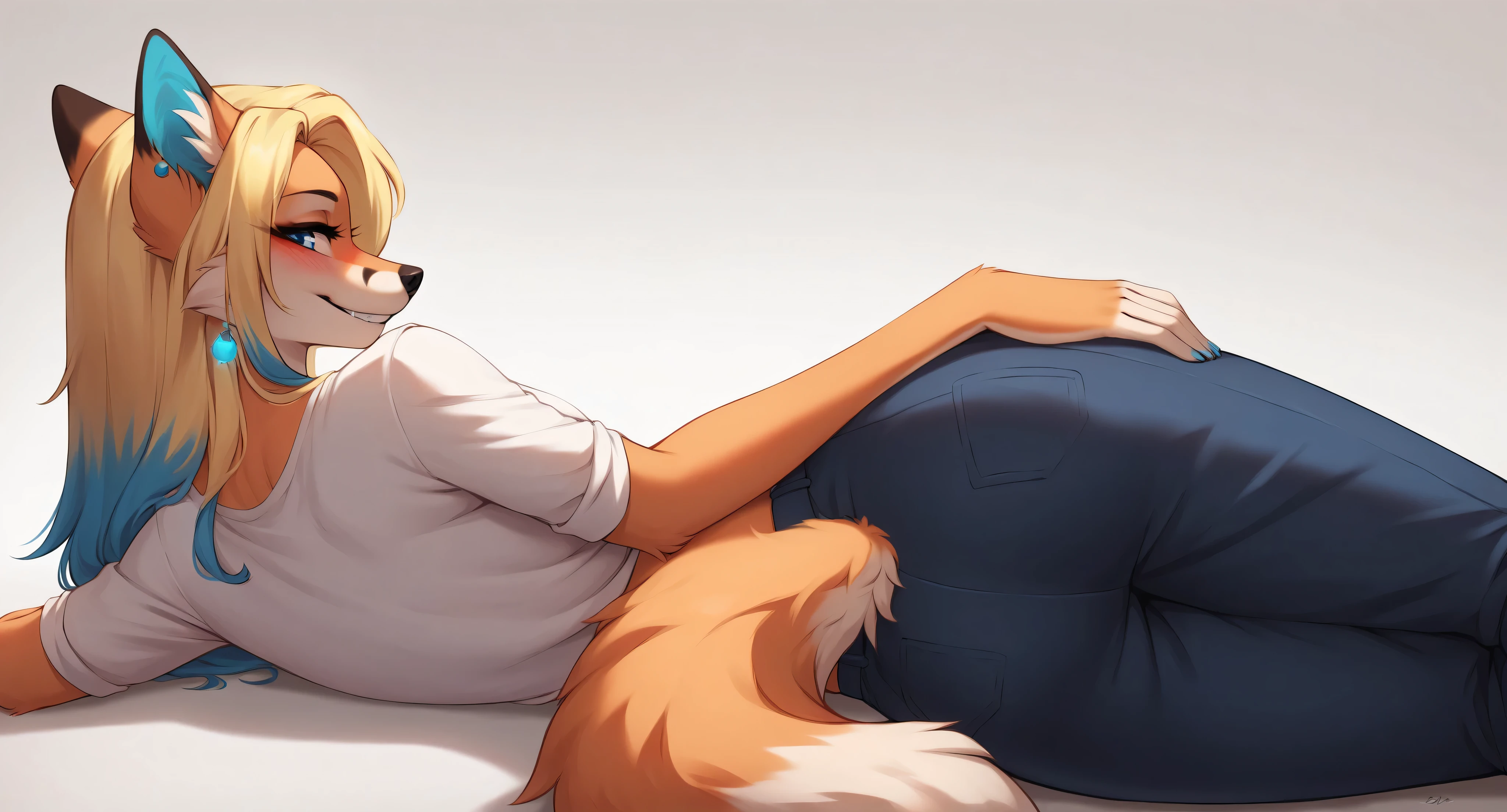 (4K HD Quality), score_9_up, score_8_up, score_6_up, anthro, solo, 1girl, furry, female, fox, long blonde hair, orange fur, blue eyes, earrings, white arms, white hands,
(multicolored hair, yellow hair, blue highlights, blue streaks hair),
blush, perfect teeth smile, looking at view,
laying down, laying on side, shirt, long pants, rear view, view from behind, simple background,
