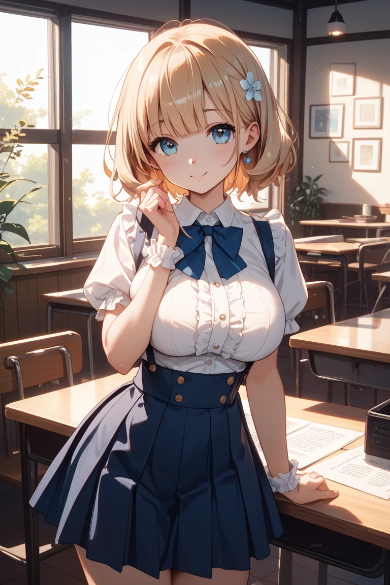 (masterpiece:1.2, top quality), (realistic, photorealistic:1.4), beautiful illustrations, (natural side lighting, cinema lighting), Depth of written border, 
I look at the viewer, Foreground, 1 girl, English, high school student, 20 years, perfect face, Cute symmetrical face, shiny skin, open legs,
(short haircut:1.7,blonde), asymmetrical bangs, big eyes, Frozen eyes, long eyelashes on chest), Thin, 
beautiful hair, Beautiful face, Thin and beautiful eyes, beautiful collarbone, Beautiful body, beautiful breasts, beautiful hips, Beautiful legs, beautiful fingers, 
((Fine fabric texture, Brown knitted vest, white collar short sleeve shirt, dark blue pleated skirt, dark blue bow tie)), 
(Beautiful landscape), Evening, (Inside a flower shop), They&#39;re standing, (smile, upper class, open your mouth),  (((Skirt lift, no panties, The genitals are visible))), full body shot, Navy Blue Socks, sexy face, inverted nipples, 