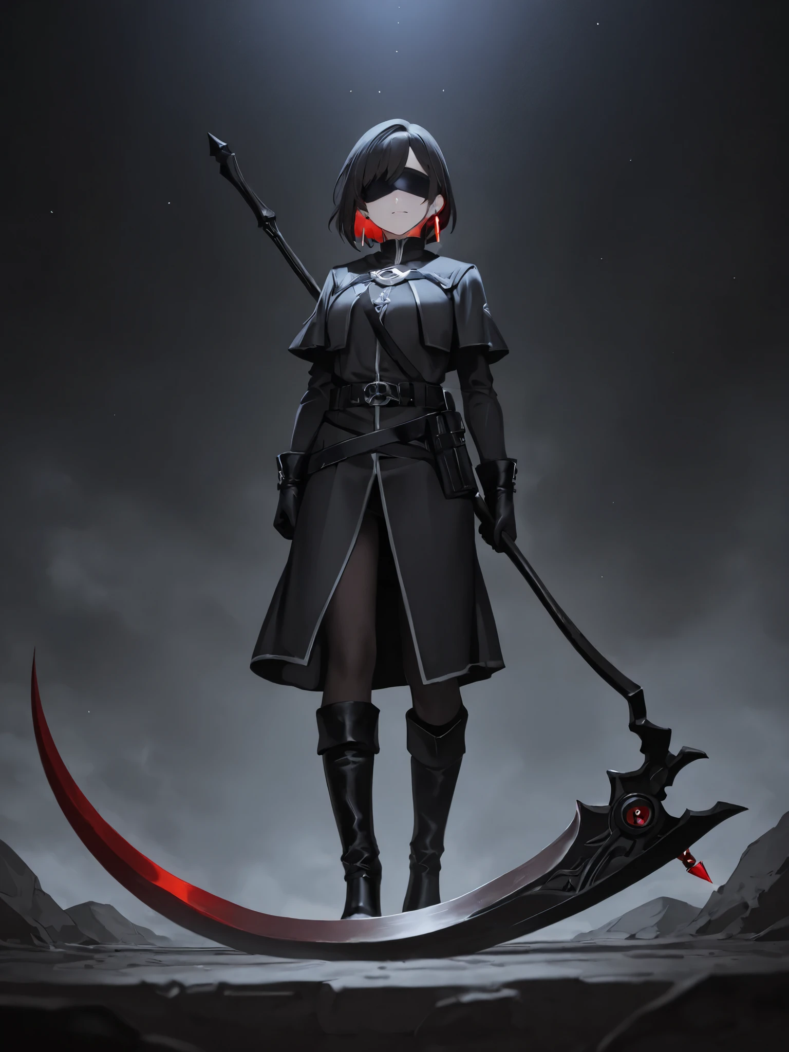 Earrings、dynamic、 gloves、simple background、Scythe、short boots 、 blindfold