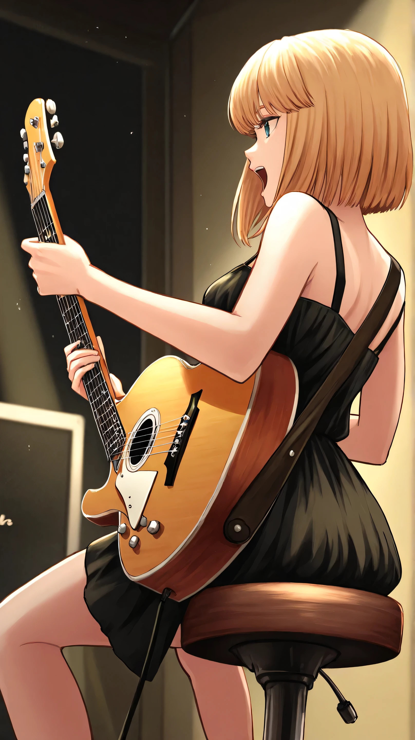 shot from back , shot from behind,Rear-facing image,Woman sitting on a stool playing guitar in a room, women playing guitar , singer-songwriter, playing guitar, The girl plays the guitar , playing guitar, accurate portrait of Bob Dylan by singer/songwriter , マイクに向かって singing, I have a guitar, portrait of Ana de Armas, S , Ana de Armas, ギブソンレスポールplaying guitar, guitarist, playing guitar onstage , Musician, singing