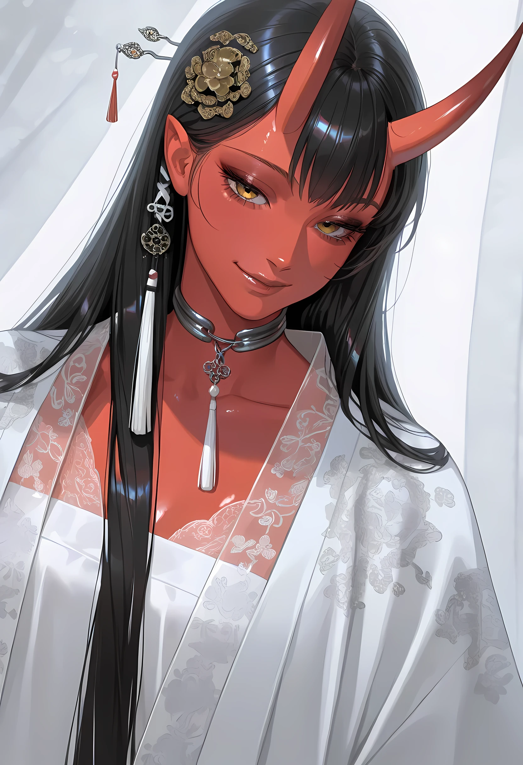 celestihan,masterpiece, best quality, good quality, newest, highres, absurdres, volumetric lighting, gradient color, BREAK raytracing, volumetric lighting, ambient occlusion,BREAK Aka-Oni, oni, colored skin, (red skin:1.3), straight horns, solo, long hair,shiny hair, clear skin, ultra-detailed-eyes, background, cute girl, eyelashes BREAK, haori, smile, collarbone, Metal Wire choker, Dutch Angle, ( lips), eyelashes, curtains, japanese makeup, white haori, long hair, Hairpin, see-through, tassel, her delicate haori, embroidered with intricate patterns,looking_at_viewer,