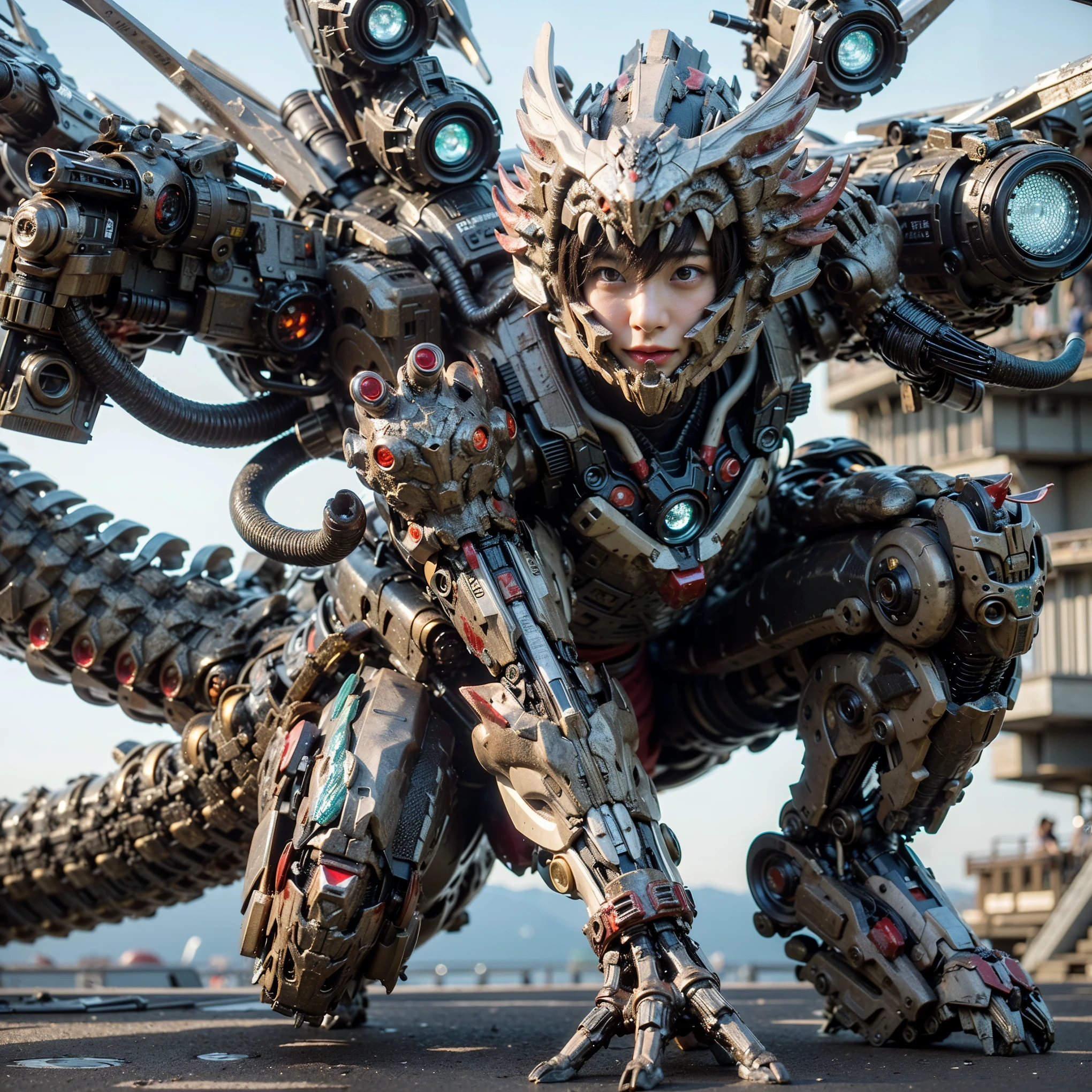 (Completely live action:1.37), (xtremely realistic textures:1.37), (masterpiece, best quality:1.2), (8k uhd, 16k, 32k, ultra high res), amazingly realistic skin, amazingly realistic photo, superrealism, (photorealistic:1.37), (RAW photo), extremely realistic, (extremely realistic all details), (extremely realistic all textures), extremely realistic lighting, extremely realistic shadow, (japanese girl:1.5), ((young face)), smiling, happy, extremery realistic face, extremely realistic skin, extremely realistic eyes, extremely realistic background, extremely realistic detail up, kkw-ph1, ((extremely intricate details, mechanical armor, Blood vessels, muscle fibers, skeleton))