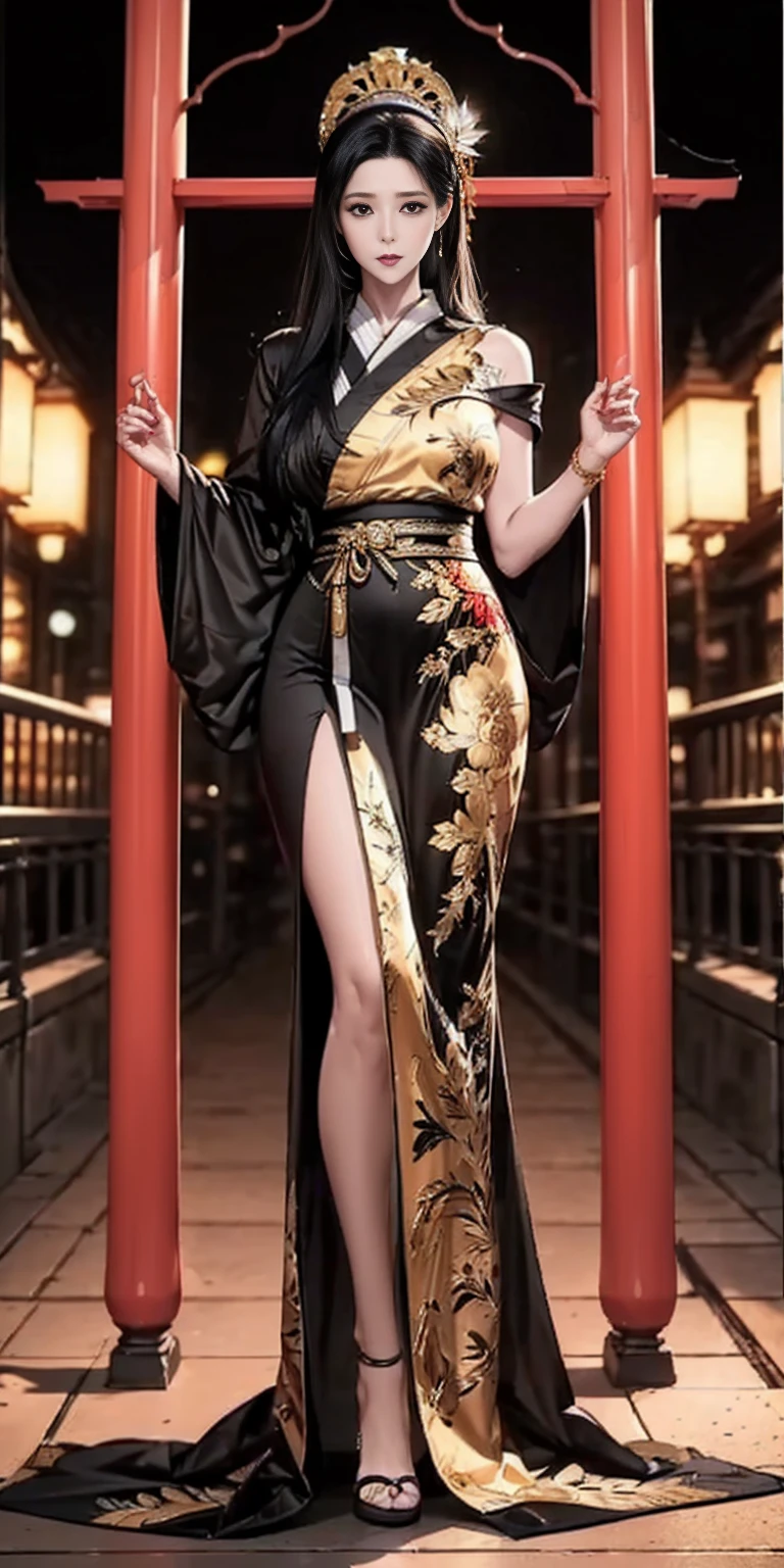 Full body potrait,Mature Female sword cultivator,tall,hourglass figure, 5' 7" tall,she has very long platinum blonde hair the strands turn red at the ends, hair is straight and arranged into a bun, a chinese phoenix hairpin is attached to her hair,she has photo of perfect big red glowing eyes, she has perfect skin, beautiful smooth and, feminine facial features, beautiful smile with full lips, shining lips with red lip gloss,she has big breast with perfect outline of their shape, detailed natural real skin texture, visible skin pores, anatomically correct,she has long eyelashes, heavy dark make up,smokey eyes,looking at camera,Best quality 8k, 32k, Masterpiece, full body shot, full shot,front view,sexy, she is wearing a sexy golden lowcut qipao which enhances the beauty of her curvy-slim figure, she is ready to celebrate the arrival of the new year,holding glasses of champagne, exuding joy and excitement. The painting would capture the energy and spirit of the occasion, with colorful fireworks bursting in the night sky, ,mature female, ,fantasy00d,1 girl,Chinese style,
