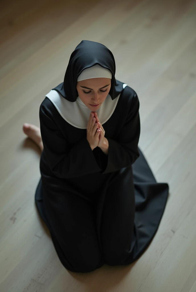 A young and very beautiful nun、((Open your mouth wide:1.7))、(Pour a large amount of milky liquid on your face)、Wearing a blindfold、Face the viewer、Kneeling pose、At the altar of the chapel、Shot from above、cr1r3、lora:Mary_N_RV2_150:0.7、natural breasts. 8k resolution. cinematic. photo-realistic. skimpy nun habit