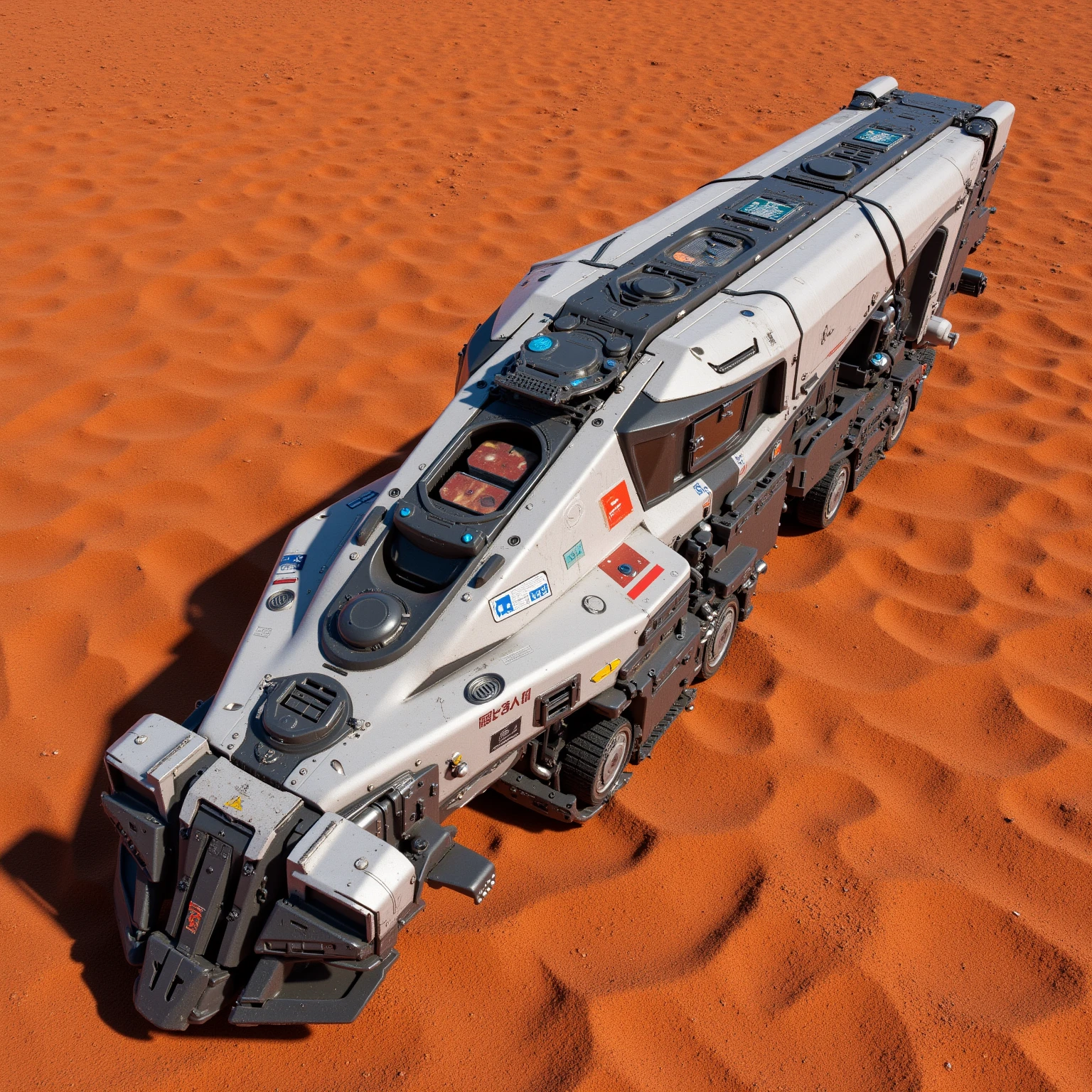 "Realistic, seen from above, War tank locomotive, branca powered by a large single track, armada com um pequeno canhão longo de calibre 120 mm em cima dThe locomotive, futurist, powered by a large single track de cor branca. dusty due to the sandy terrain, reddish color, terreno Realistic com pedras e areia com coloração avermelhado o solo de Marte, The locomotive, with technological details and evident mechanical structures, é robusto e de design futurist, and bright blue or red LED details. The locomotive possui mecânicas visíveis motores e sensores avançados. Its metal structure and reinforced panels. dThe locomotive tem um grande cilindro ao longo da sua estrutura, powered by a large single track, Your movements raise a trail of dust"