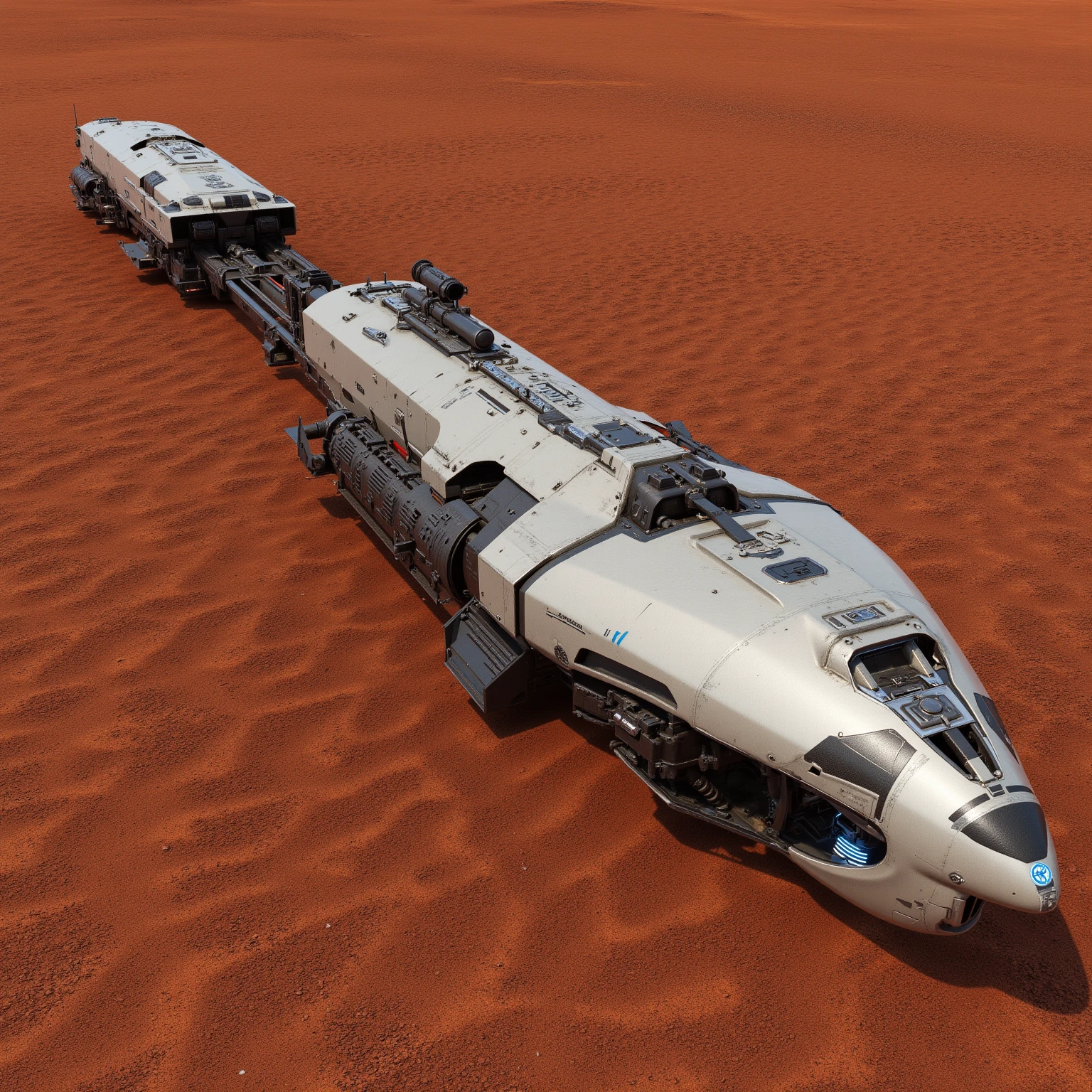 "Realistic, seen from above, War tank locomotive, branca powered by a large single track, armada com um pequeno canhão longo de calibre 120 mm em cima dThe locomotive, futurist, powered by a large single track de cor branca. dusty due to the sandy terrain, reddish color, terreno Realistic com pedras e areia com coloração avermelhado o solo de Marte, The locomotive, with technological details and evident mechanical structures, é robusto e de design futurist, and bright blue or red LED details. The locomotive possui mecânicas visíveis motores e sensores avançados. Its metal structure and reinforced panels. dThe locomotive tem um grande cilindro ao longo da sua estrutura, powered by a large single track, Your movements raise a trail of dust"