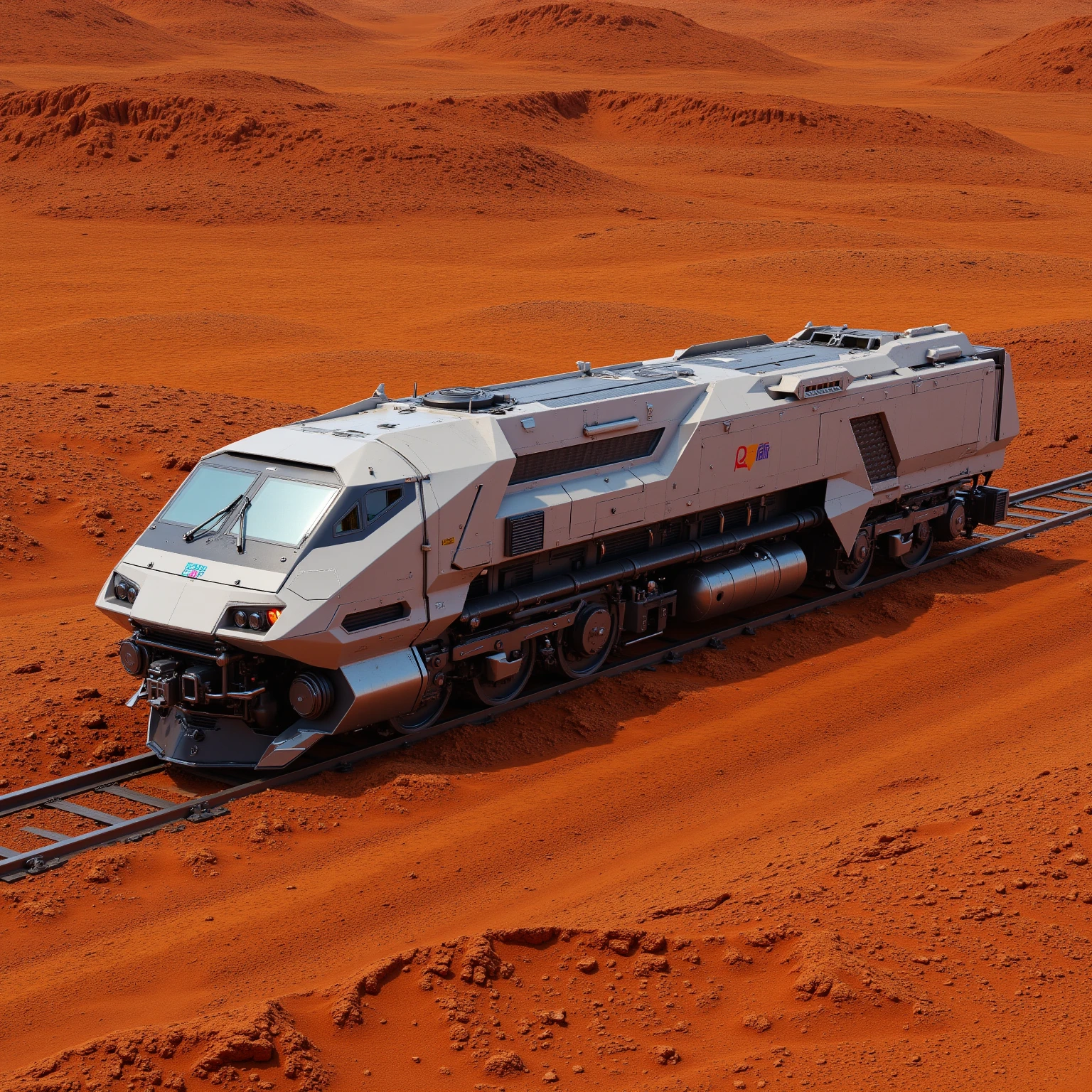 "Realistic, seen from above, War tank locomotive, branca powered by a large single track, armada com um pequeno canhão longo de calibre 120 mm em cima dThe locomotive, futurist, powered by a large single track de cor branca. dusty due to the sandy terrain, reddish color, terreno Realistic com pedras e areia com coloração avermelhado o solo de Marte, The locomotive, with technological details and evident mechanical structures, é robusto e de design futurist, and bright blue or red LED details. The locomotive possui mecânicas visíveis motores e sensores avançados. Its metal structure and reinforced panels. dThe locomotive tem um grande cilindro ao longo da sua estrutura, powered by a large single track, Your movements raise a trail of dust"