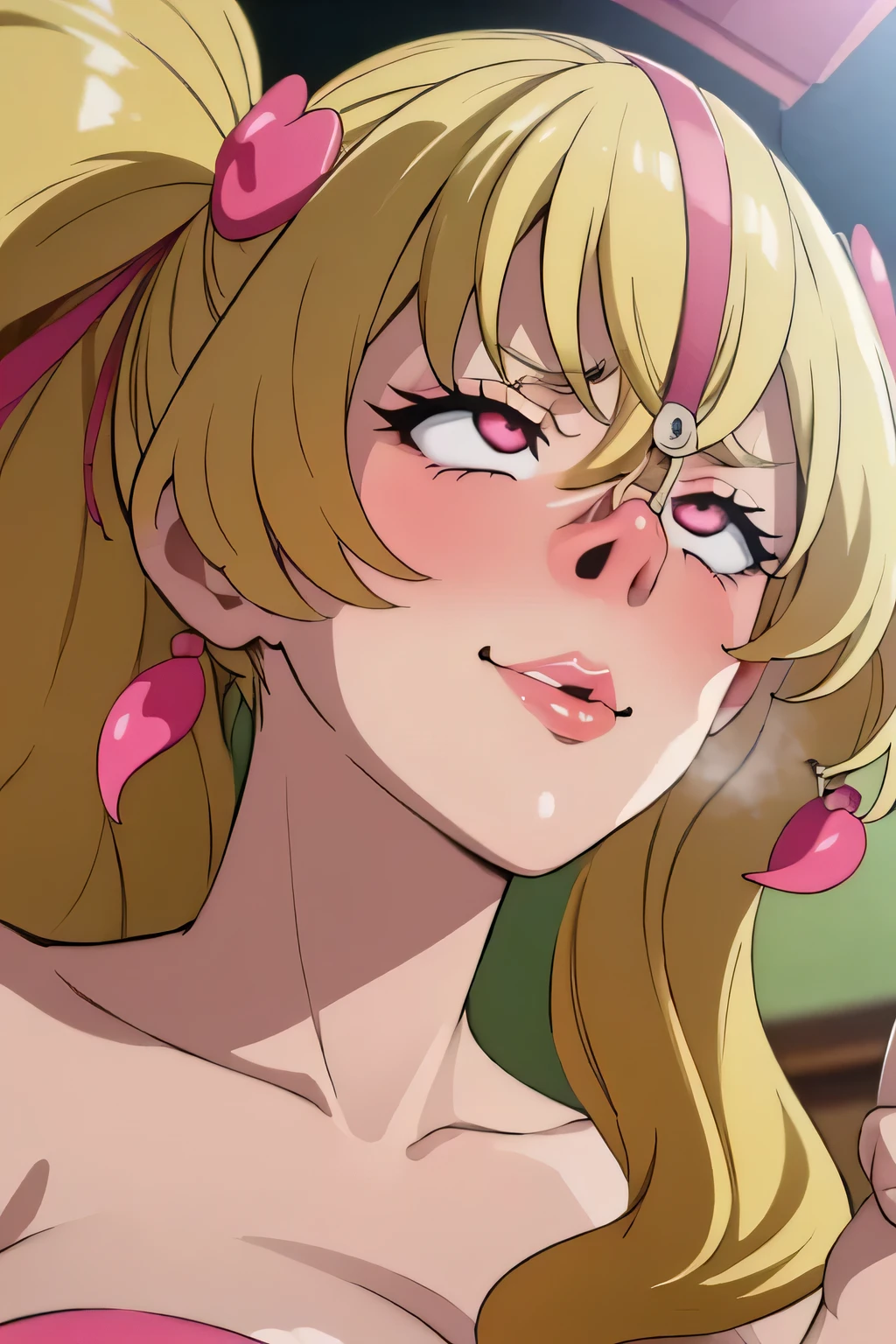 (Cure the peach :1.5),( nose hook:1.5),( nose hook face realistic)超 puffy lips, Super thick lips, Face kissing,, shiny skin,masterpiece, highest quality, mischievous smile,(vapor:1.2), (happy:1.4),(ahegao:1.6),(Roll your eyes,1.6),( blowing foam through her mouth :1.2),(attractive mature woman,Super strong super huge huge vulgar face:1.2),(ahegao:1.8),(Roll your eyes:1.6),(Huge and very angry face:1.6),(Put on an evil look:1.8),(Put on an evil look:1.8),masterpiece, highest quality,Super evil smile, blush, I breathe,shiny skin,highest quality, 8K, 32k, masterpiece, titted detailed face, detail of lips, fine grain, double eyelid ,(Bimbo Face:1.5,intense makeup:1.5,Black girl:1.5 ), thick pink lips, puffy lips,(Widening of the nostrils of pigs:1.5)