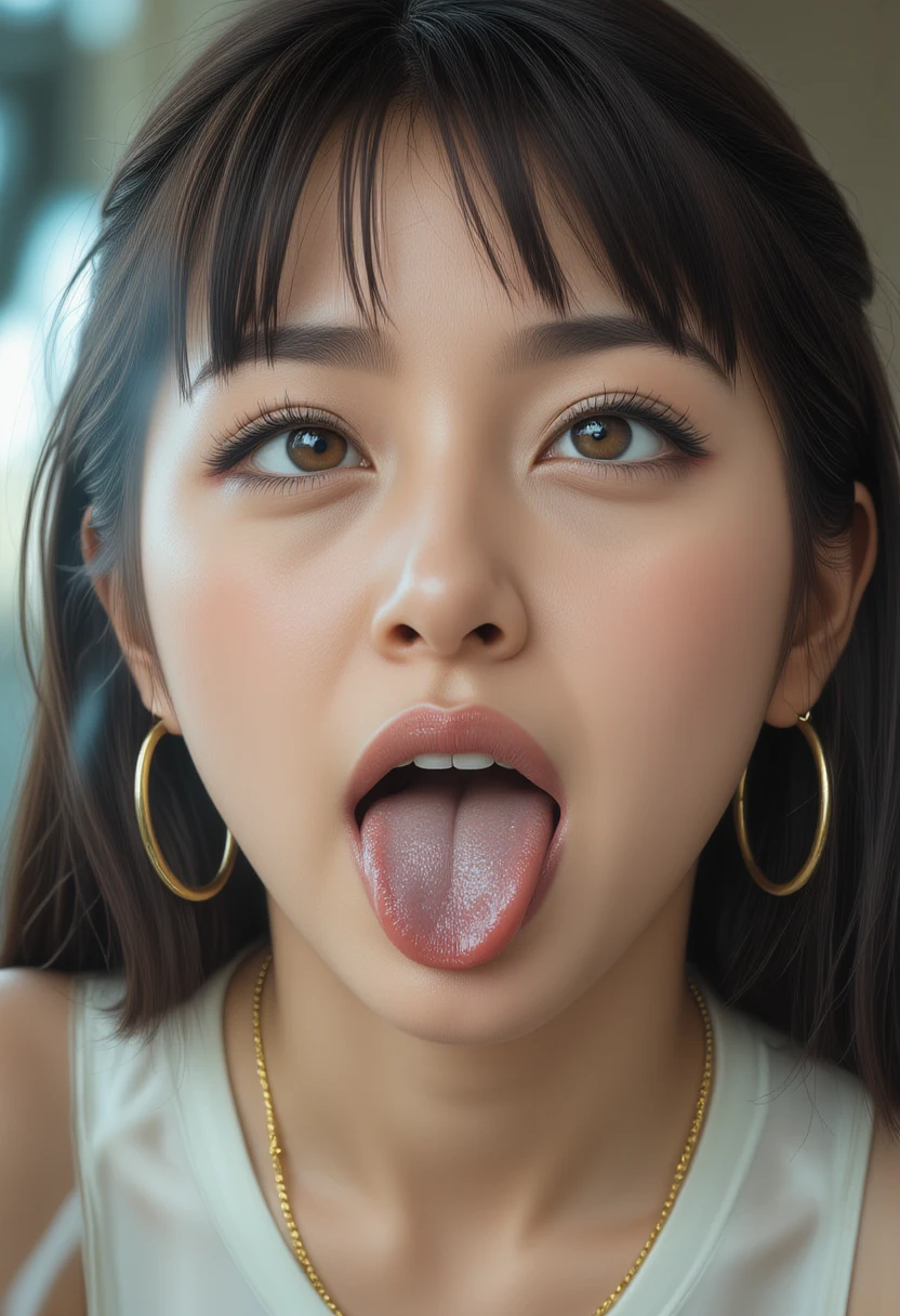 That person、1 girl,debris flies,,award winning photos, very detailed, focus the eyes clearly, nose and mouth,face focus, super close up of face、woman with open mouth and closed eyes,20-year-old,black hair、symmetrical face,realistic nostrils、angle from below、elongated C-shaped nostrils,sweaty and shiny skin、skin shining with sweatを強調する照明、((sharp nose))skin shining with sweat、shiny skin、sweaty hair、sun&#39;Rays shine、((thin eyebrows))oily skin、glistening shining skin、double eyelid、wet and shiny tongue、Beautiful face woman with wet tongue full of foam、Beautiful woman、medium hair,roll your eyes、(short bob、mushroom cuts,dull bangs)Harajuku street、casual fashion,hoodie, T-shirt,stick out long tongue,