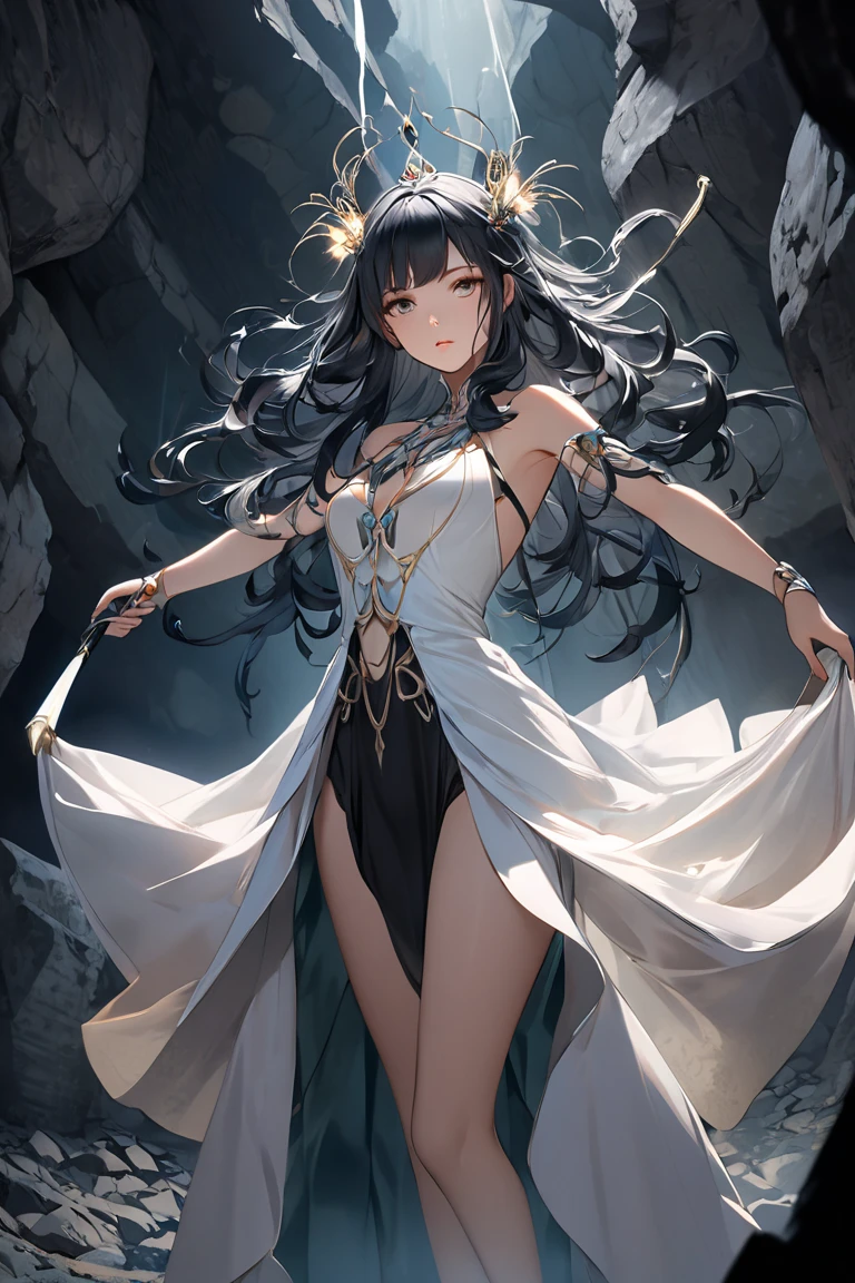 long hair, dark-blue hair, pointy ears, anatomically correct, breasts, solo, looking_at_viewer, sky, cloud, petals, water, wading, very_long_hair, standing, mole, outdoors, wind, dark-blue eyes, huge_breats cloudy_sky, choker, hair_flower, tassel, fog, steaming body, outfit-origami, halo, veil, navel, elbow gloves, 