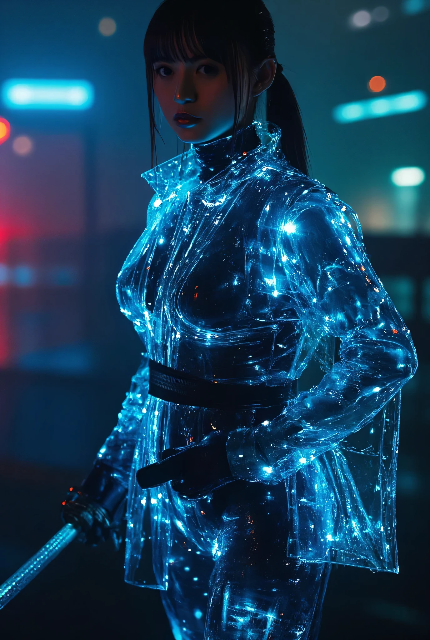 (((Dark Nostromo-style motorway in the night rain:2.0))),((( HR Gigger style cyberpunk Atmosphere :2.0))),(((Hold a cyberpunk-style Japanese sword:2.0))),Fighting,((full body:2.0)), one woman,( cute face),(Beautiful well-balanced face ),(( natural big breasted :2.0)),( black hair:1.5),(beautiful eyes:1.3), glamorous shot of a 20 year old Japanese woman , Slender Beautiful Body ,((Model body type:2.0)),(( slim body with hot water:1.7)),perfect body line,ideal proportions,((big breasts:2.0)),((F cup chest wearing:1.5)),Big Breasts,Bare thighs,sensual thighs seen from below the crowd, delicate body,( Muscular:1.7),A harmonious posture,((Realistic breast depiction :1.7)),carefully depicts limbs based on perfect anatomy,((A blue glowing transparent glass leotard in the style of a near-future samurai armor:1.5)),Filled with multicolored LEDs,((super high-leg leotard made of camy-like transparent glass that fits the body:1.5)),((military coat style blue translucent kimono with the front open on top of the leotard:2.0)),((translucent blue military coat style kimono with iron armor on the shoulder:2.0)),(ear monitor:1.5),((Tactical Holster:1.5)),( gloves:1.3),concept art,(TOP QUALITY:1.5),(masterpiece:1.5),(超高resolution),resolution,UHD,( delicate depiction), carefully drawn with butterfly wings ,32K,((realistic skin texture:1.5)),((( super realistic :1.5))), eyelashes,very detailed face,Highly detailed female hand,Sexy appearance,Very sensual,(Blurry Dim Backgrounds :1.5), professional photography,( Movie Lighting:2.0),(( Blade Runner Style Lights :2.0))