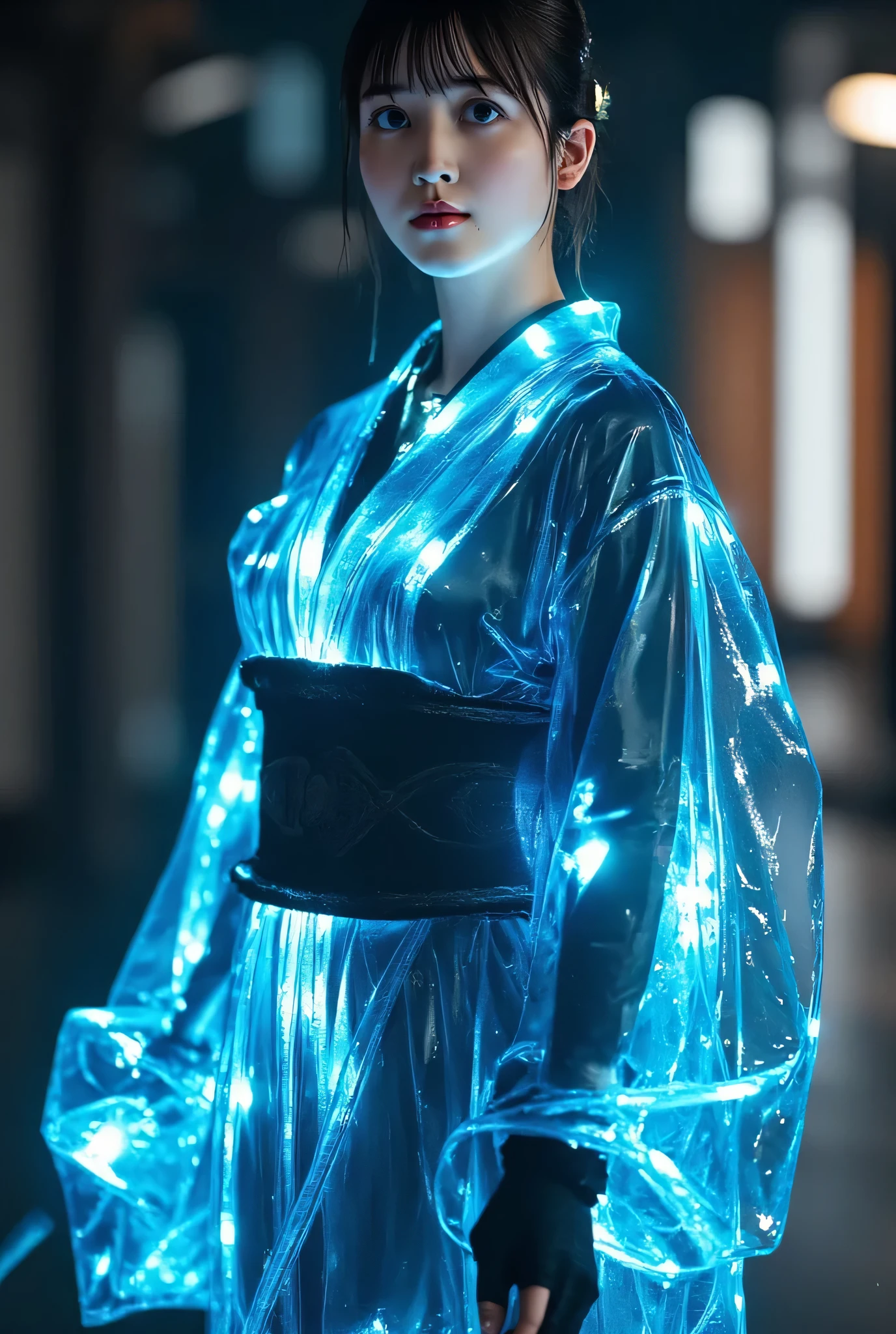 (((Dark Nostromo-style motorway in the night rain:2.0))),((( HR Gigger style cyberpunk Atmosphere :2.0))),(((Hold a cyberpunk-style Japanese sword:2.0))),Fighting,((full body:2.0)), one woman,( cute face),(Beautiful well-balanced face ),(( natural big breasted :2.0)),( black hair:1.5),(beautiful eyes:1.3), glamorous shot of a 20 year old Japanese woman , Slender Beautiful Body ,((Model body type:2.0)),(( slim body with hot water:1.7)),perfect body line,ideal proportions,((big breasts:2.0)),((F cup chest wearing:1.5)),Big Breasts,Bare thighs,sensual thighs seen from below the crowd, delicate body,( Muscular:1.7),A harmonious posture,((Realistic breast depiction :1.7)),carefully depicts limbs based on perfect anatomy,((A blue glowing transparent glass leotard in the style of a near-future samurai armor:1.5)),Filled with multicolored LEDs,((super high-leg leotard made of camy-like transparent glass that fits the body:1.5)),((military coat style blue translucent kimono with the front open on top of the leotard:2.0)),((translucent blue military coat style kimono with iron armor on the shoulder:2.0)),(ear monitor:1.5),((Tactical Holster:1.5)),( gloves:1.3),concept art,(TOP QUALITY:1.5),(masterpiece:1.5),(超高resolution),resolution,UHD,( delicate depiction), carefully drawn with butterfly wings ,32K,((realistic skin texture:1.5)),((( super realistic :1.5))), eyelashes,very detailed face,Highly detailed female hand,Sexy appearance,Very sensual,(Blurry Dim Backgrounds :1.5), professional photography,( Movie Lighting:2.0),(( Blade Runner Style Lights :2.0))
