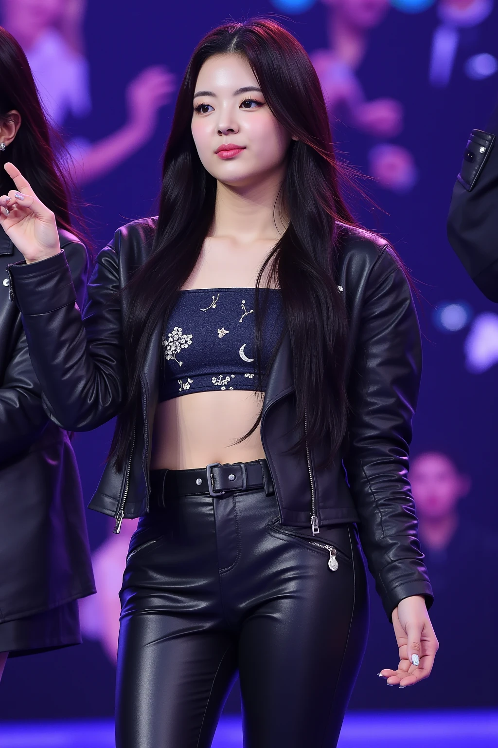 Realistic, 4K Picture, Ultra realistic,Hyper Realistic, 1girl, half body, long hair, bangs, korean girl, K-pop girl, abs tone, singing, on stage, wear black leather jacket