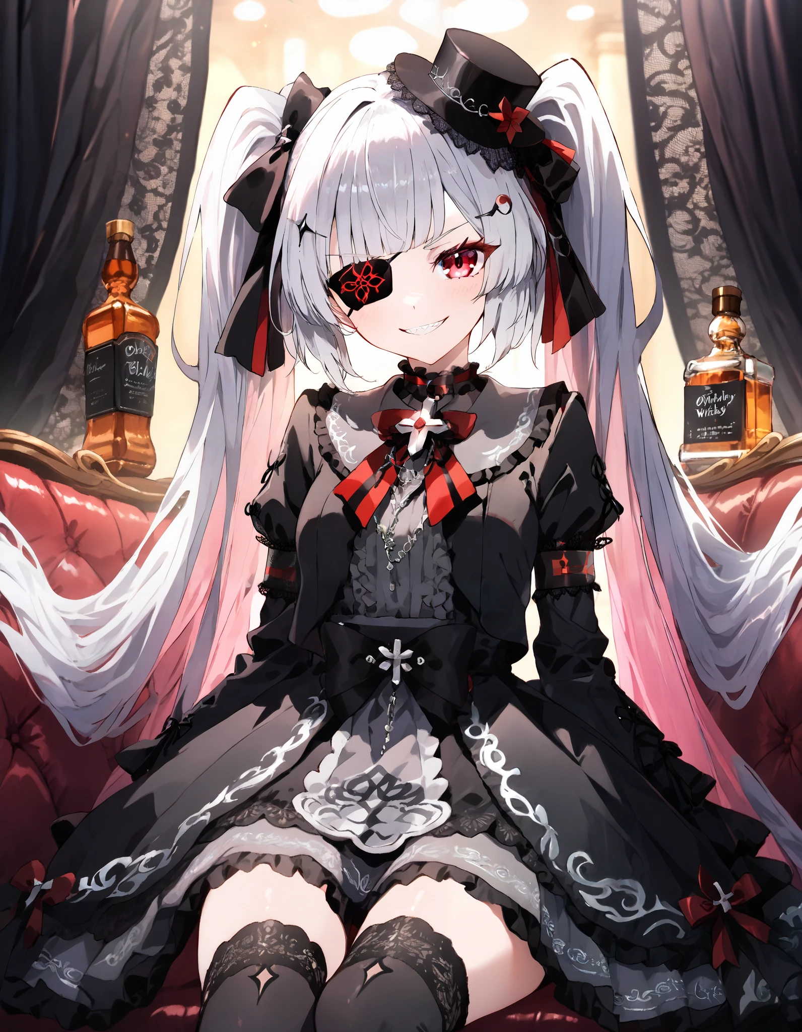 ((Exquisite Quality, masterpiece, best quality, ultra-detailed, vibrant colors, in 8K resolution, detailed illustration, rich contrast, best lighting, sharp focus, EyesHD:1.2)). (Anime-style gothic ta character with light lavender hair styled in exceptionally long straight twin-tails flowing down her back), tied with black long ribbons. medium breasts silky hair, (blunt bangs, and her bangs are straight and flipped). (The hair is naturally flowing, with mischievous highlights that add depth and texture). ((wearing modest outfit with long sleeves adorned with layers of black frills and lace. The dress is intricately designed, featuring ruffles along the neckline, cuffs, and hem, with delicate patterns and subtle embroidery)). (Their accessories—such as a black lace choker, ribbons—enhance the gothic style). (bangs adorned with a black cross-shaped hairpin). ((She wears a predominantly black gothic loliutfit with intricate lace details and a gothic mini-hat adorned with ribbons and lace or small decorative chains)). (A large white frilled ribbon and an elegant red diamond brooch are attached to her chest). (wearing black thigh-high socks). (wearing a black eyepatch over their right eye with and strings. The eyepatch is elegantly designed with intricate lace patterns, delicate silver embroidery), (wearing a striking red and black armband on their right arm, symbolizing authority, rebellion, or a secret organization. The armband is made of high-quality fabric, with intricate embroidery or bold insignia adding to its significance). (Beautiful eyes, glowing bright red eyes), Mischievous details like a raised eyebrow or a playful tilt of the head add to their teasing. and she has a confident, wicked grin.((The background is a moody, shadowy vintage bar with whiskey and liquor bottles)), (plush seating), and a refined atmosphere. (She holds a rock glass with a bold). The art style is highly detailed, (vibrant), and distinctly anime-inspired, detailed background,