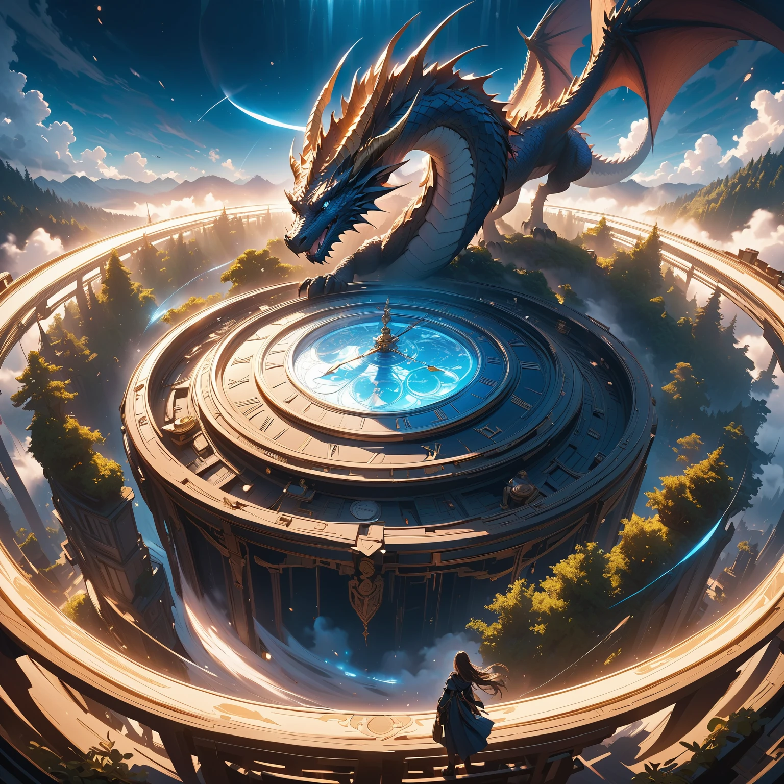 (Theme: A Single Cloud in the Sky:2),fantasy seen down,(Giant dragon),(Putty Dark Forest :1.5),(Big mirror clock