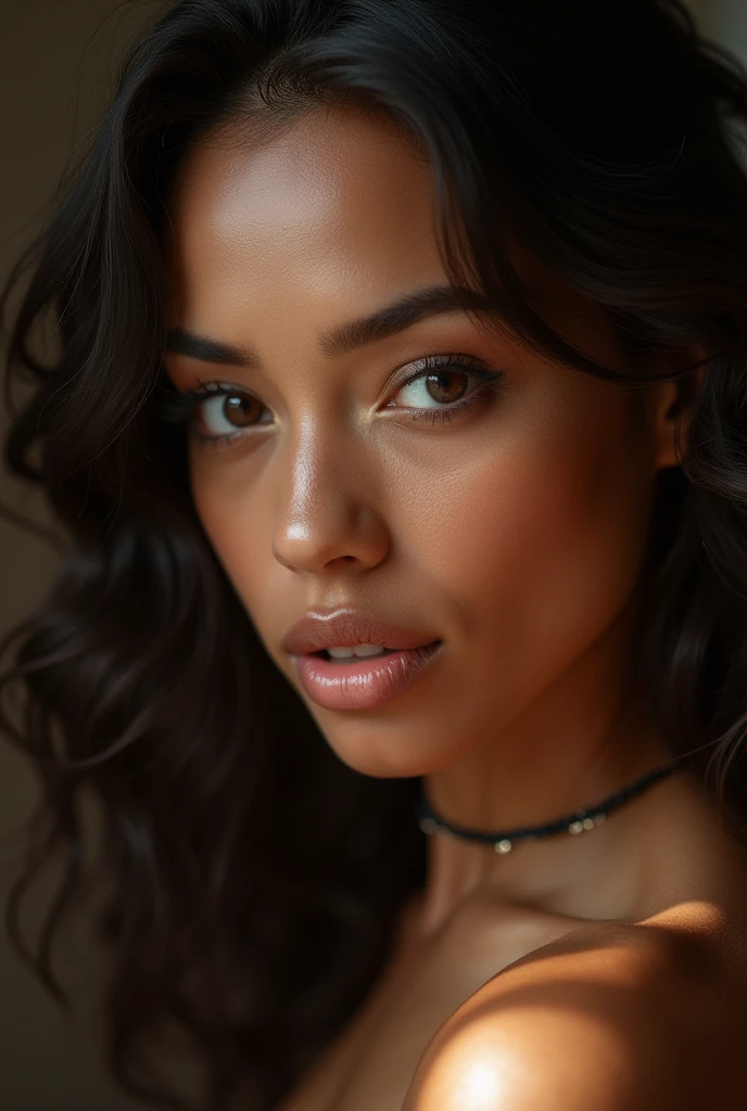 a stunning, oiled, highlighting her alluring confidence, model, exuding the perfect blend of sensuality and grace, while captivating the audience with her radiant beauty and unparalleled confidence, black_background, black hair, nude, pro lighting, wind, close up