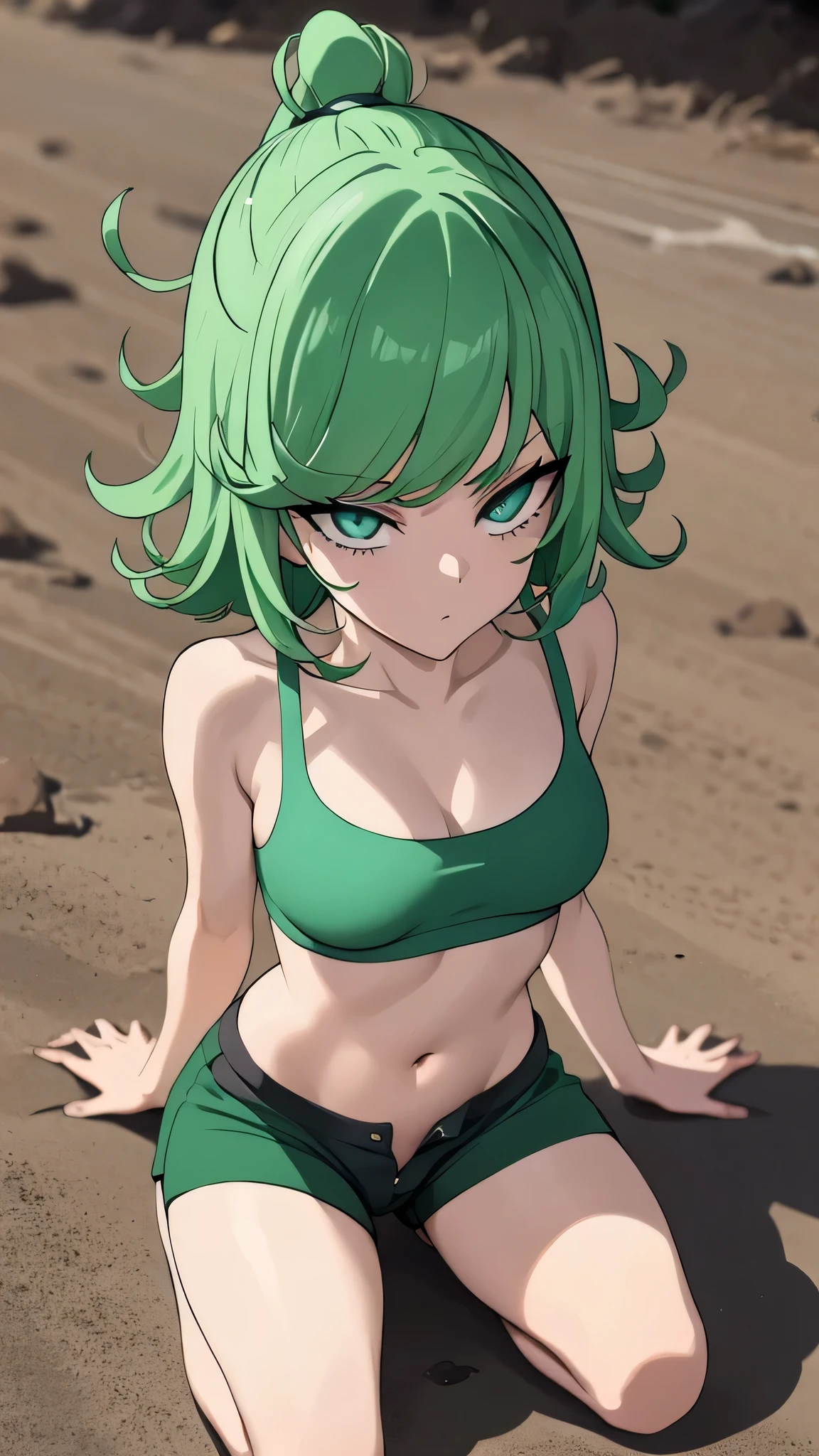 green hair, green eyes ,track ,kneel,(correa) with green dolphin shorts and a green sports bra