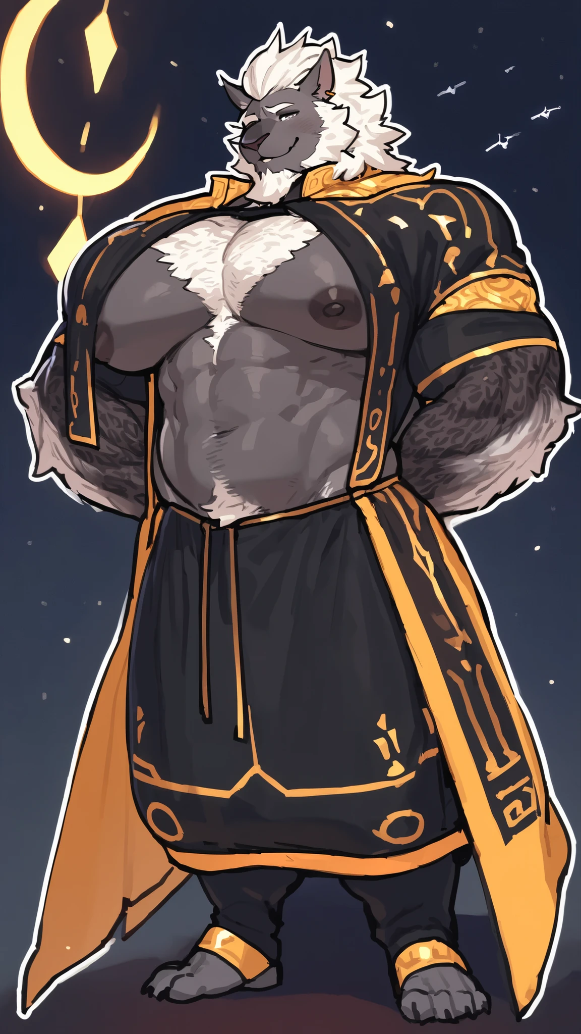 hrothgar, full body, very large pecs, thick physique, perfect anatomy, masterpiece, short haircut, dark grey skin, grey fur, short white hair, clean short white beard, grey eyes, strong jaw, hairy pectorals, white chest hair, white shoulders hair, white navel hair, dad bod, belly, solo, great lighting, by bebebebe, by ZIXiong, by zackary911, by SligarTheTiger, by RED8EAN, white outline, wearing a revealing astrologian outfit, final fantasy XIV astrologian outfit, final fantasy XIV astrologian dress, solo, round pecs, standing, solo*, very detailed face, detailed face expression, with a flying astrologian weapon, final fantasy XIV astrologian weapon, flying tarot cards, confident, smiling, empowering