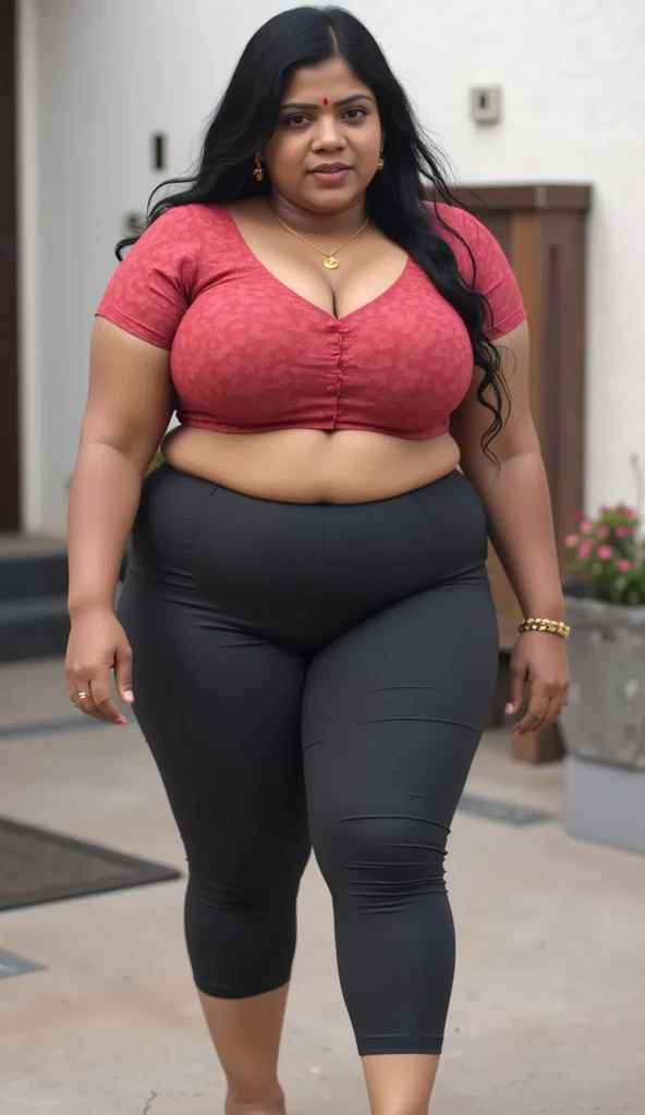 DARK SKIN, South Indian WOMAN, TALL, NAVEL, CLEAVAGE, BUSTY, FAT, VOLUPTUOUS, CHUBBY, PLUMP BELLY, LOVE HANDLES, BLACK BRA, BLACK LEGGINGS, REALISTIC, PHOTOGRAPHY, LOOKING DOWN, ROUND BLACK SPECTACLES, LOW BUN HAIR