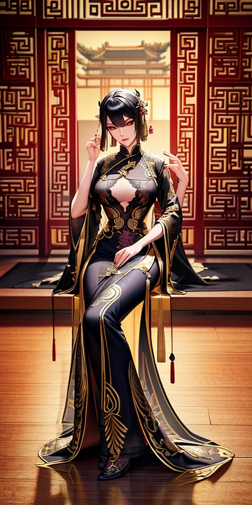 Female with long black straight hair, hairpin, big breasts, cleavage, Tang Dynasty imperial concubine’s dress, flowery shoes, Chinese palace