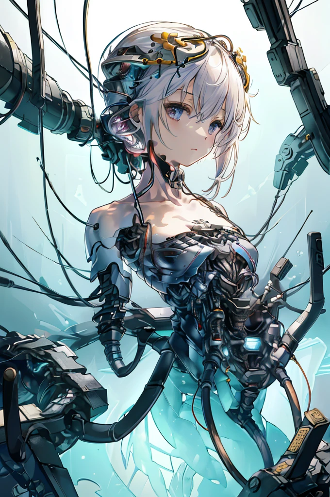 (((Masterpiece)))), (((highest quality)))), ((Ultra Definition)), (Very Detailed Photoreality), (((Very Delicate and Beautiful)), (Delicate and Pretty Face), Cinematic Light, (((1 Machine Girl)), Solo, Full Body, Big, Cleavage Is Visible Skin, White Hair, Purple Eyes, Luminous Eyes, (Mechanical Joint: 1.4), (Mechanical limbs)), (Blood vessels connected to tubes), (( Mechanical vertebrae attached to the back)), ((Cervical vertebrae of the machine) attached to the neck)), (((sitting)), expressionless, (wires and cables attached to the head and body: 1.5), (character focus), small LED lamps on the body, Evangelion, SF, metallic body, detailed neon