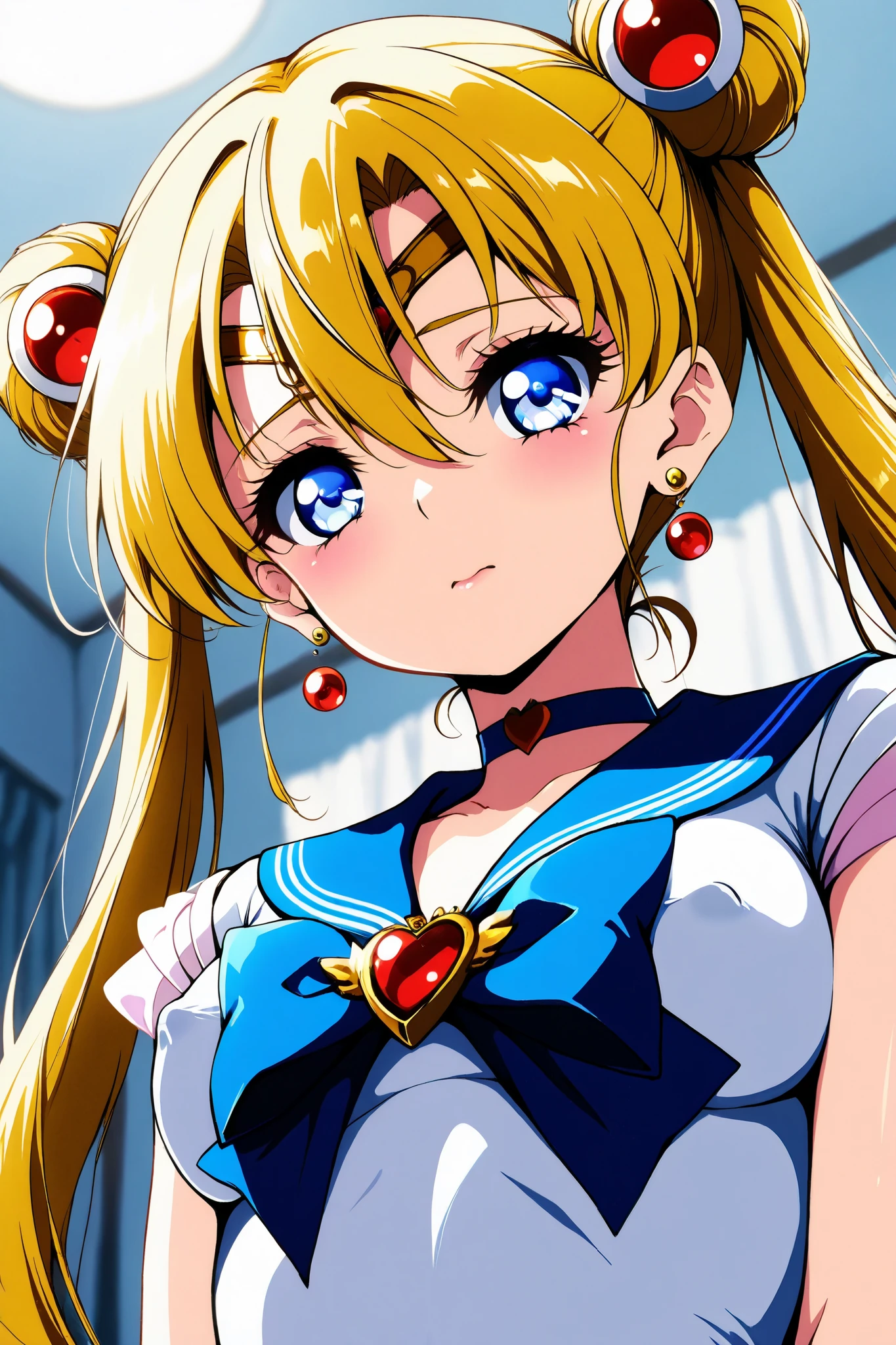 reia_kosu,1 female,solo,pretty,
supersailormoon,
double bun,blonde hair,twintails,
hair between the eyes,
blue eyes,big eyes,drooping eyes,long eyelashes,sleepy eyes,
midium breast,nipple,looking at viewer,
extreme close-up under the chest,
low angle,
very embarrassed,
circlet,earrings,choker,bow,gloves,
sailor suits,elbows extended,
perfect face,beautiful skin,
anatomically correct,
perfect face,beautiful skin,
anatomically correct,
anime,masterpiece,highest quality,high resolution,
high definition,ultra-detailed,
blurred background,
indoors,on bed,bed room