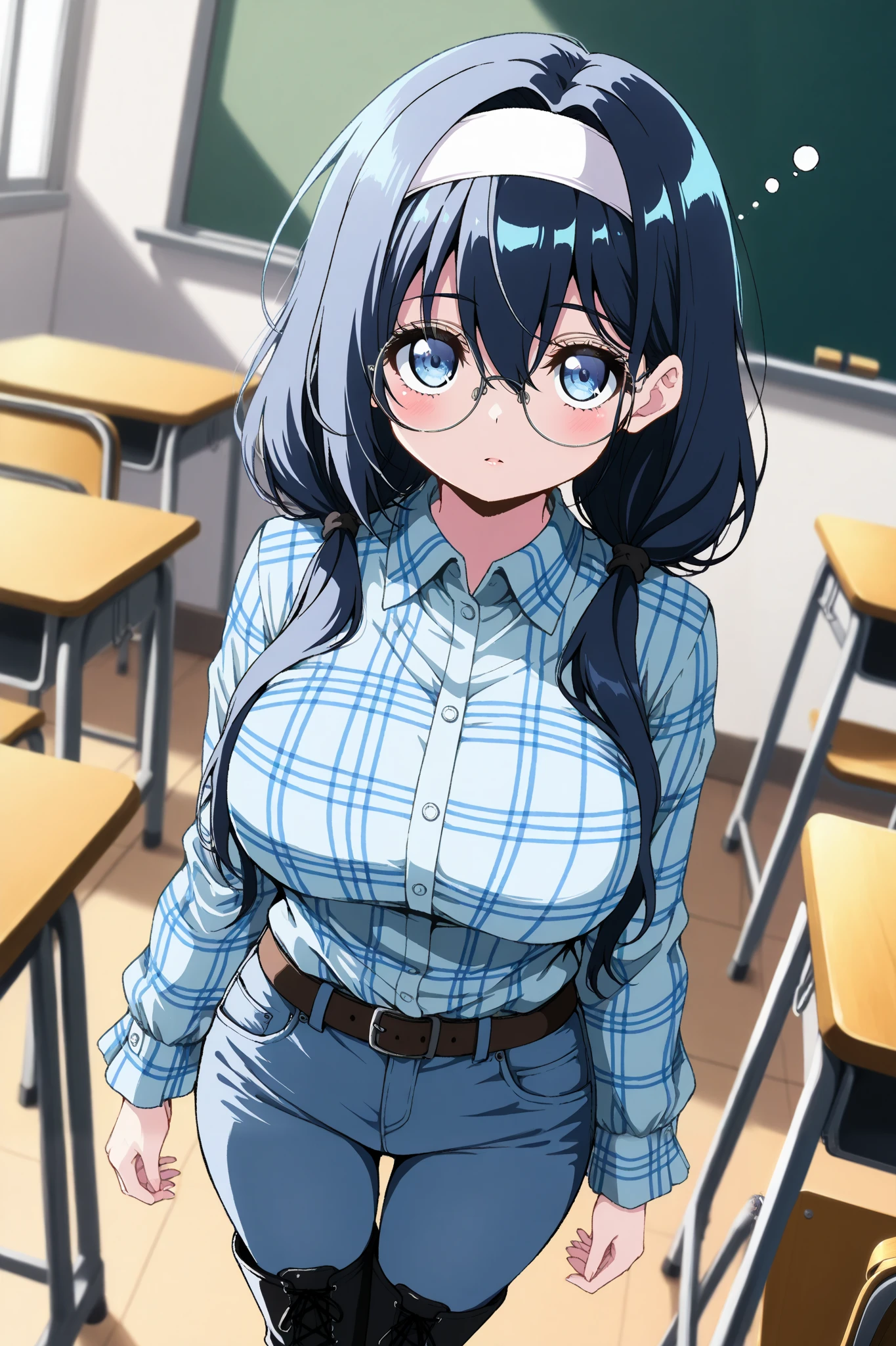 reia_kosu,1 female,solo,
black hair,low twin tail,blue hair,long hair,half up,hair between the eyes,blue eyes,big eyes,slant eyes,long eyelashes,sleepy eyes,
contempt,blurred background,

pretty,large breast,looking at viewer,
dutch angle,cowboy shot,

shirts,round glasses,belt,pants,headband,
denim,jeans,plaid shirt,
white lace-up boots,thigh_high boots,high heels,

beautiful legs,thin thighs,thin calves,
nallow waist,
perfect face,beautiful skin,
anatomically correct,

masterpiece,highest quality,
high resolution,high definition,
ultra-detailed,anime,
indoors,class room,school desk,school chair,
black board
